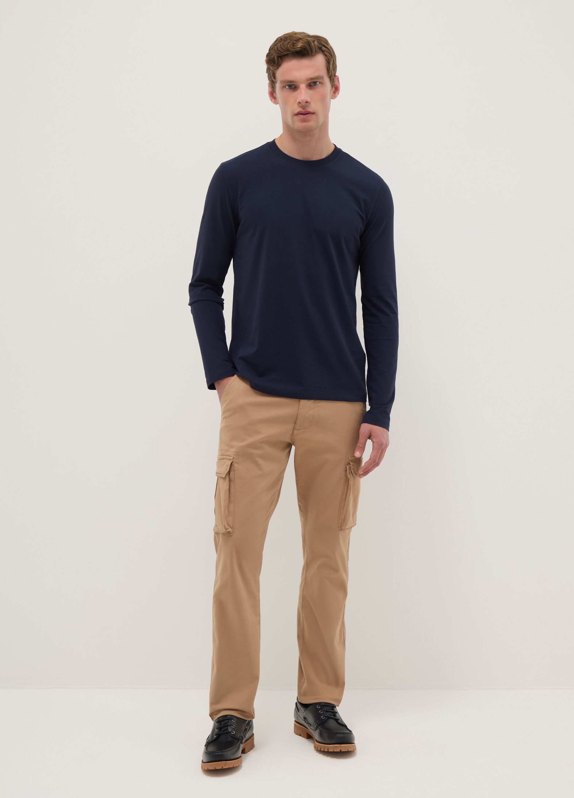 Long sleeve blue t-shirt in stretch cotton regular fit