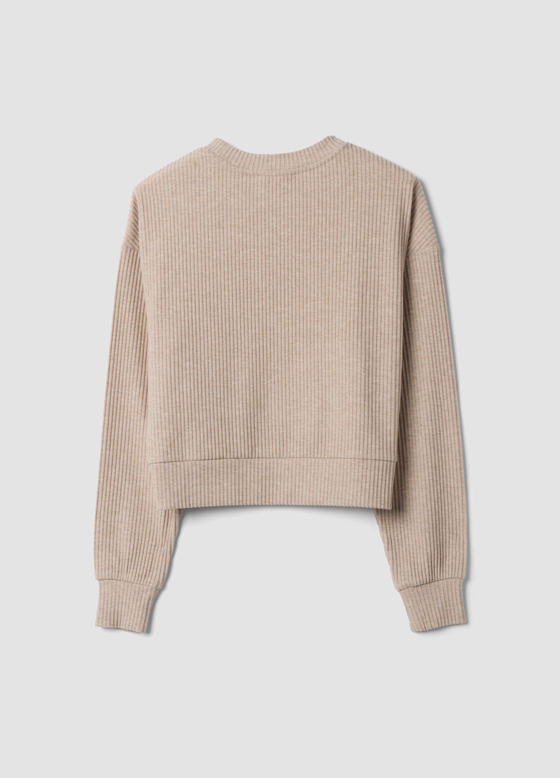 Beige ribbed stretch-viscose crew-neck T-shirt, regular fit