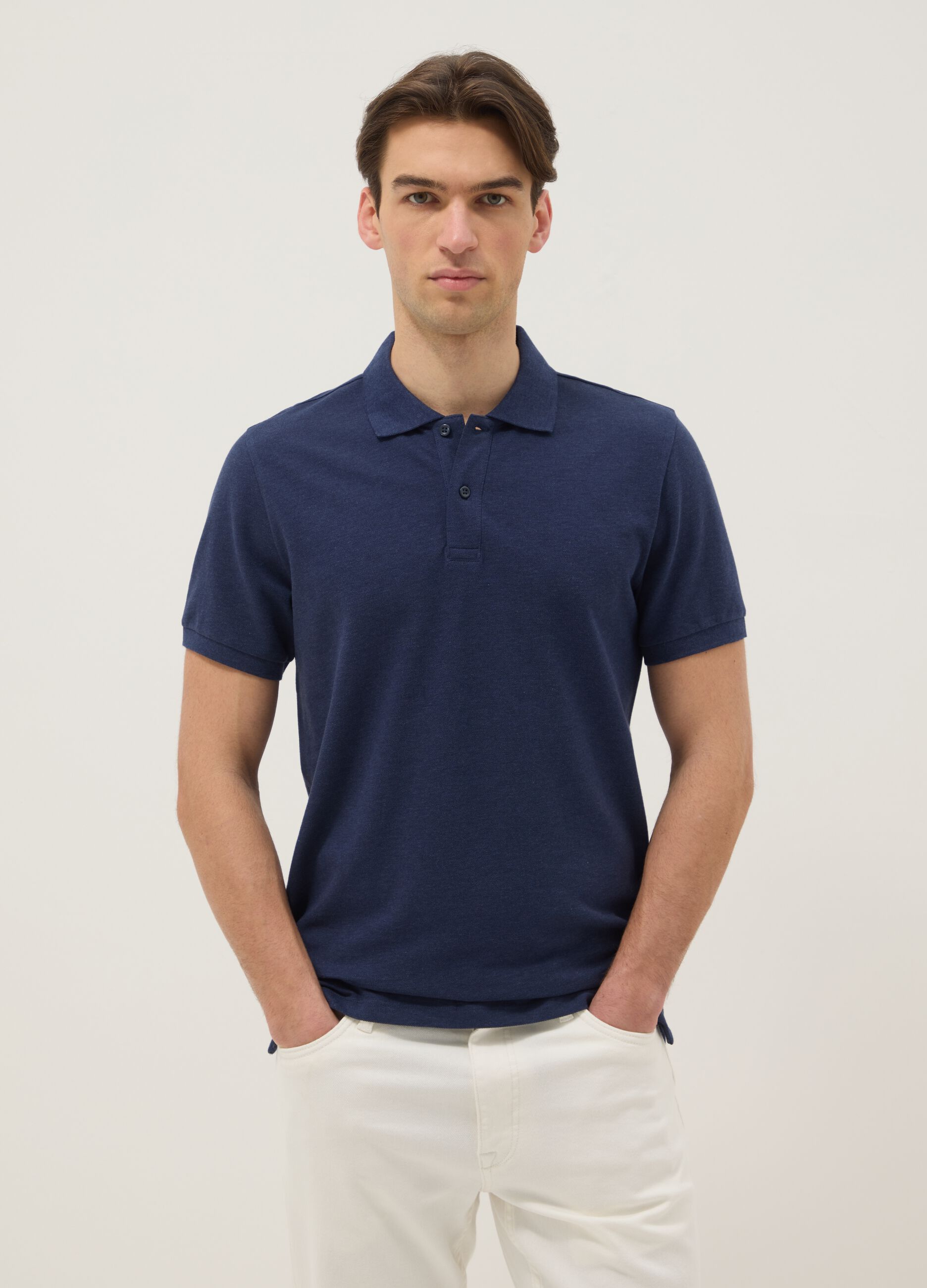 Blue pure cotton short-sleeve polo shirt, regular fit