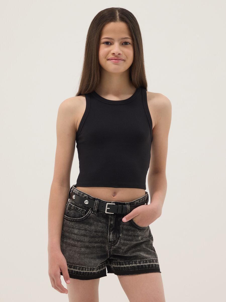 Canotta fitted nera in cotone elasticizzato a coste da ragazza_0