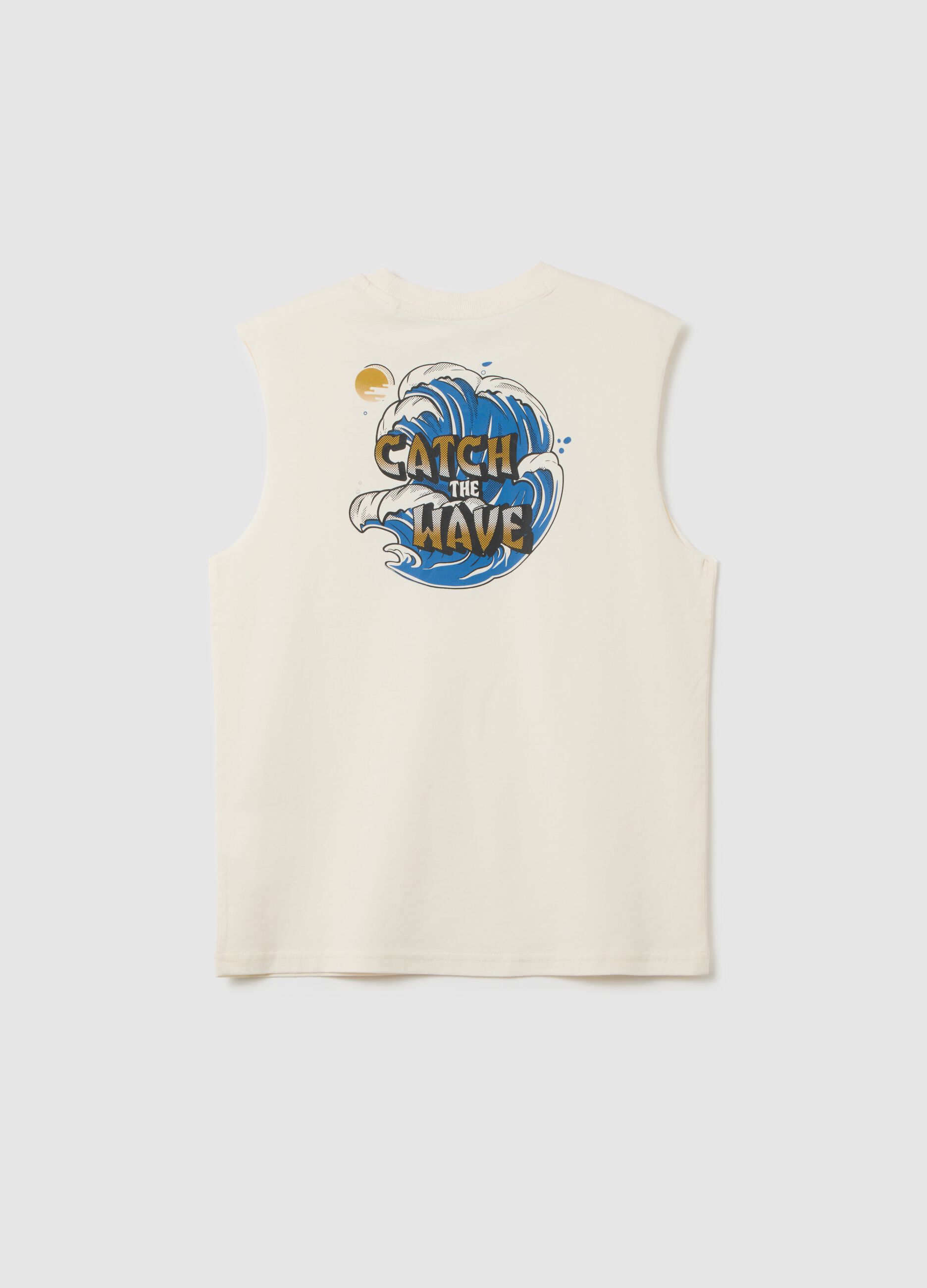 Boys' pure cotton white regular fit vest with print