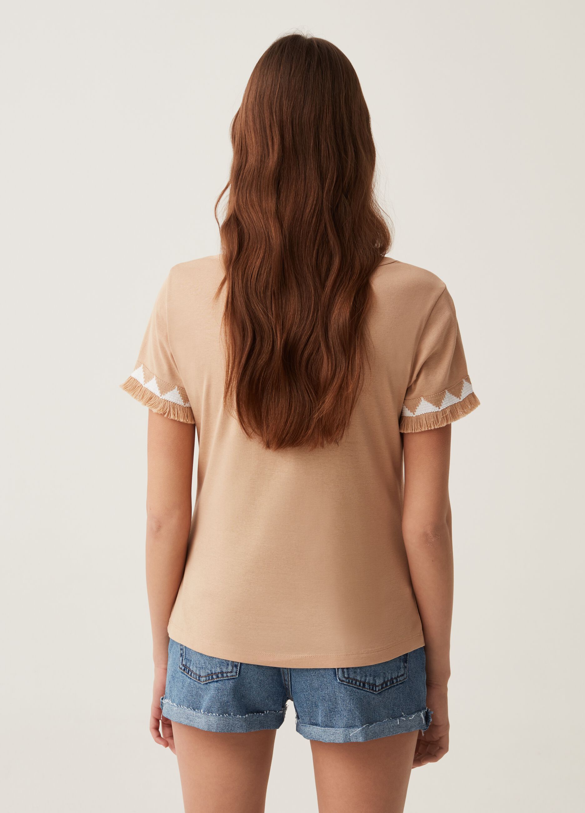 Cotton T-shirt with fringe trim