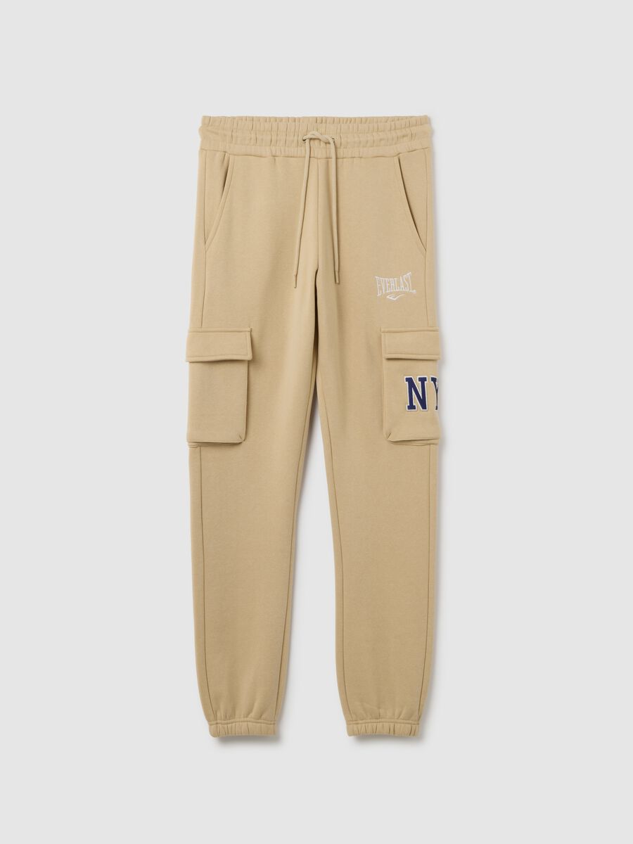 Pantaloni jogger in misto cotone beige con tasche_4