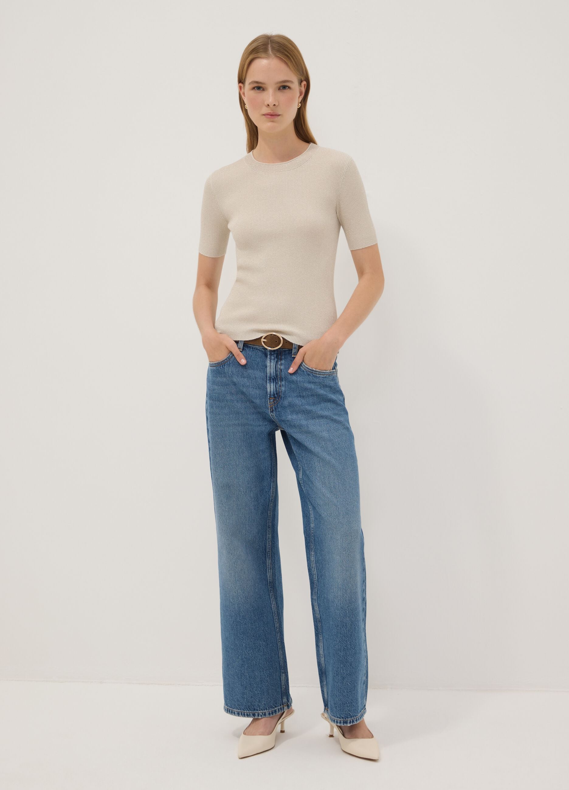Beige fitted ribbed viscose-blend knit top