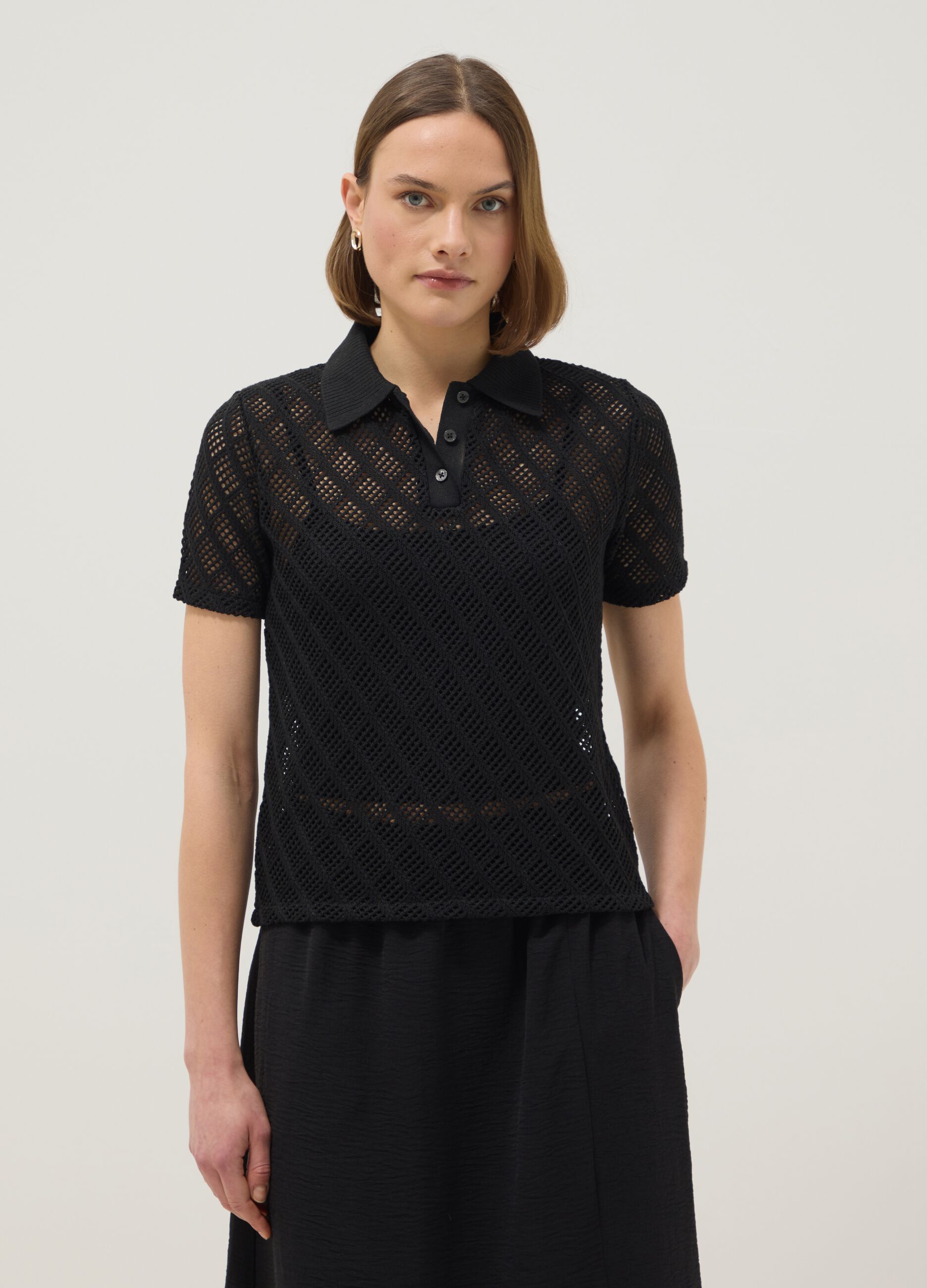 Black regular fit polo with mesh texture