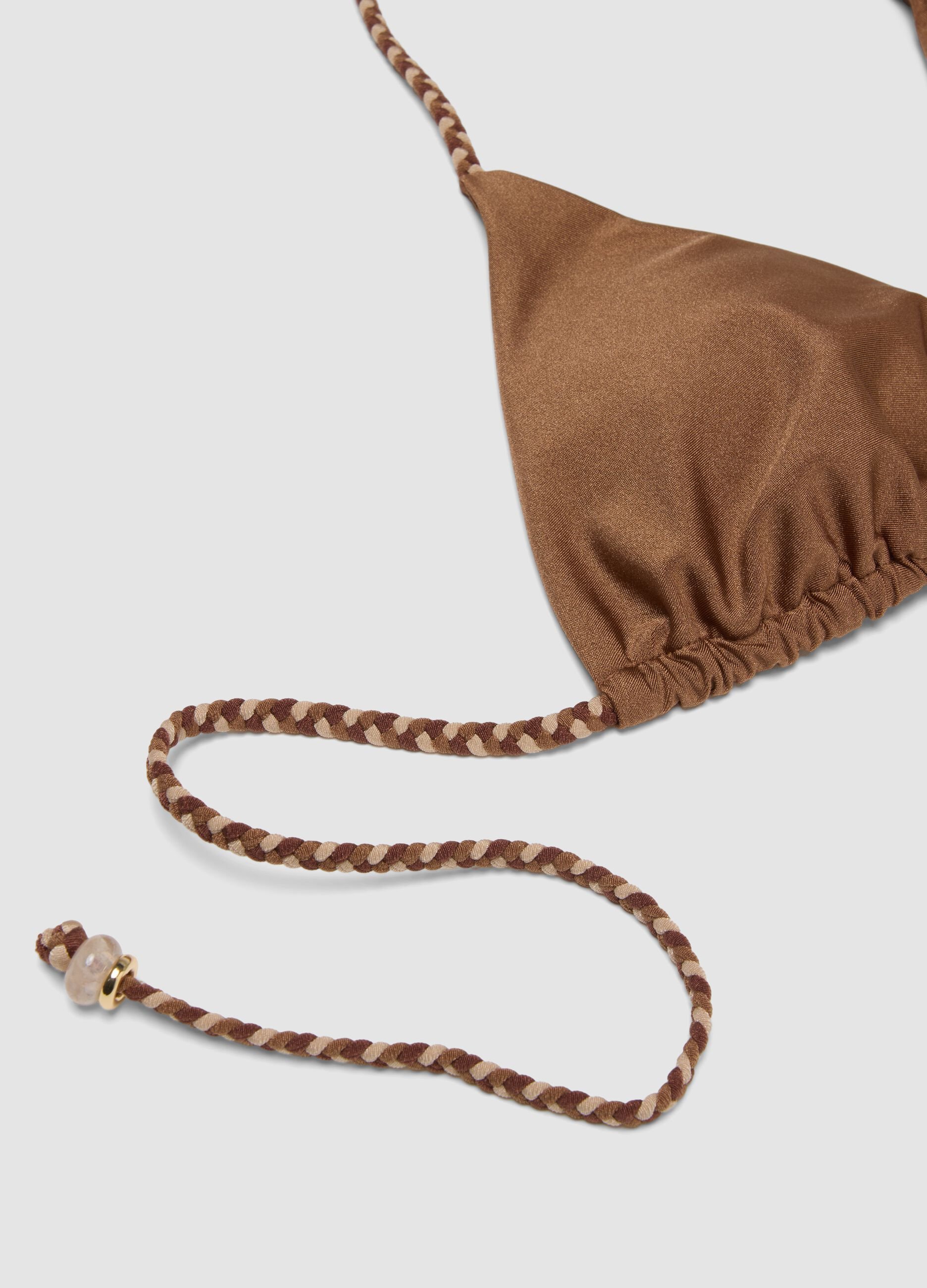 Brown triangle bikini top in stretch fabric with braided tie straps