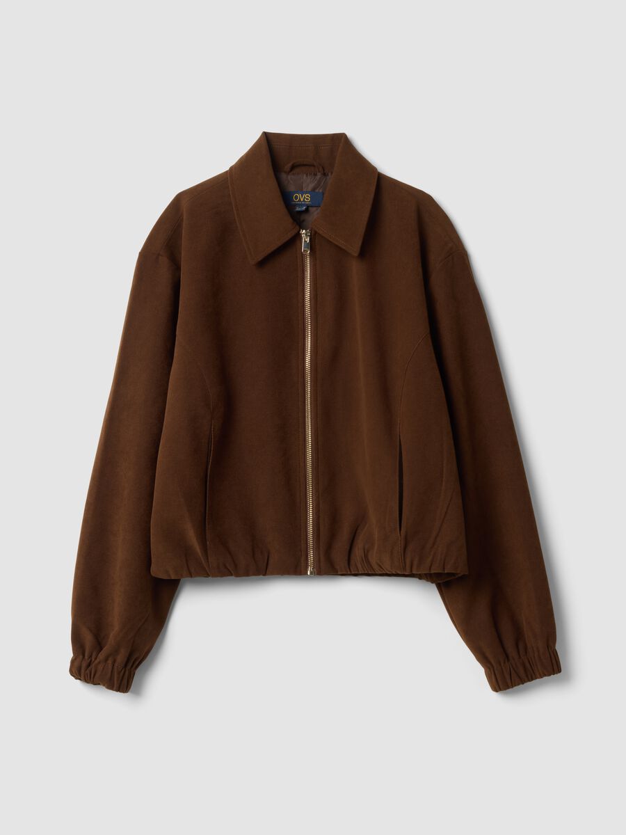 Blazer marrone in tessuto elasticizzato con zip over fit_0