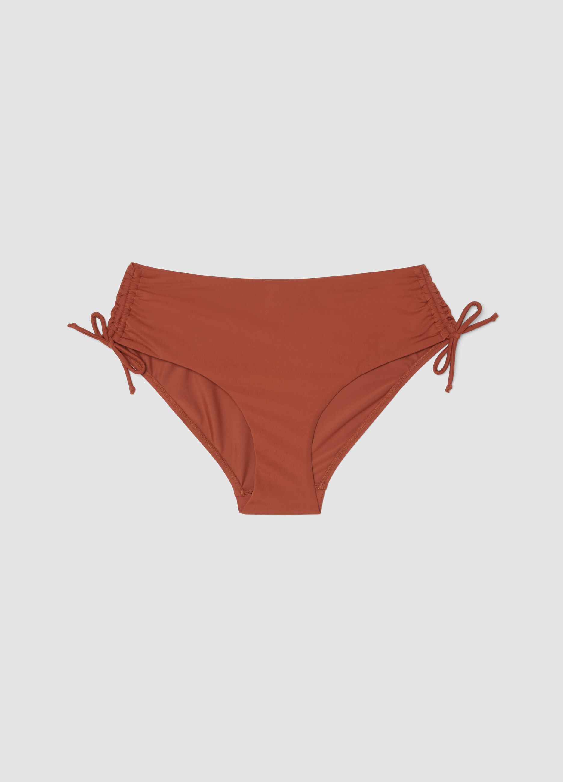 Orange stretch bikini bottoms with ruched side detailing