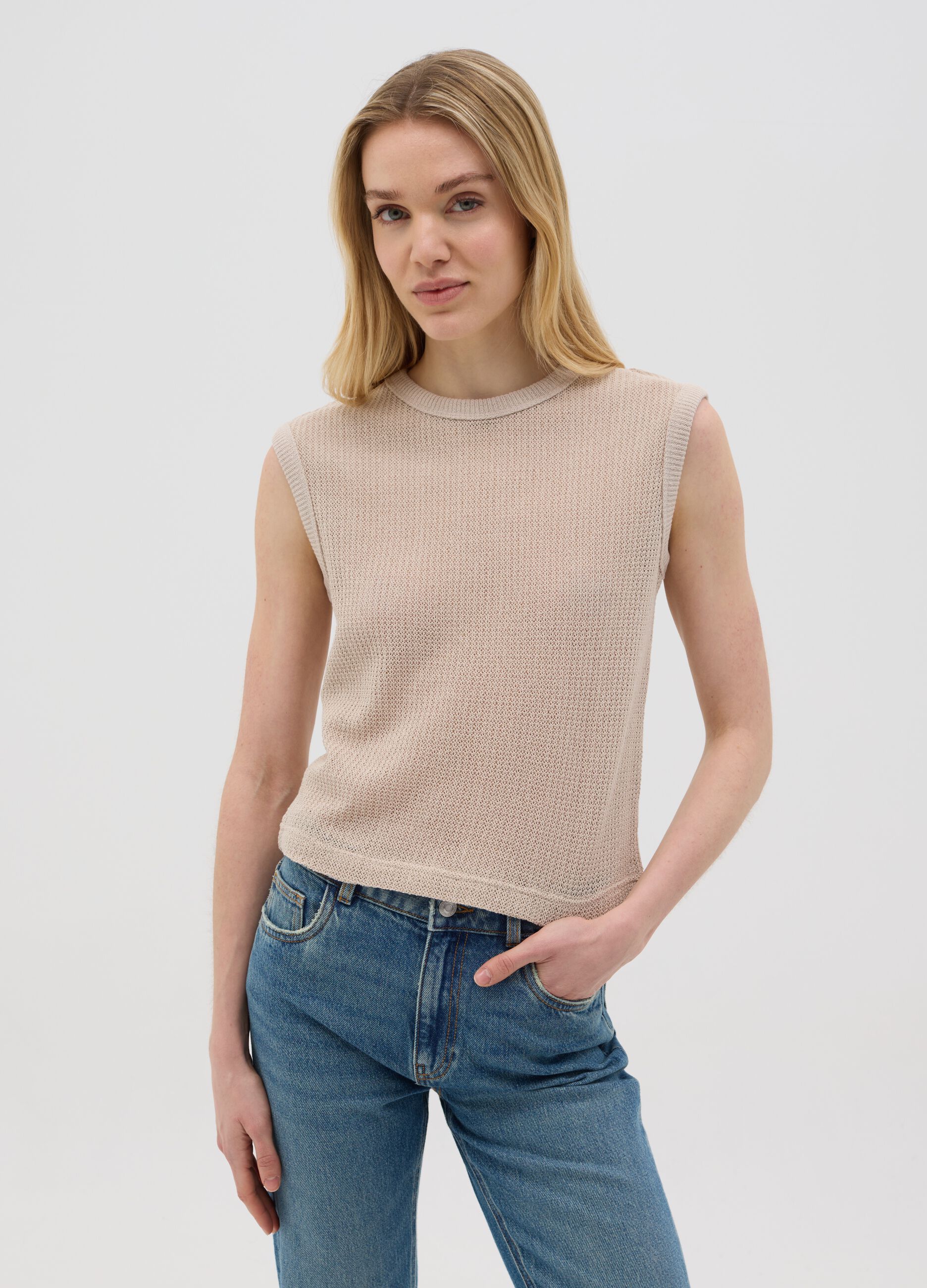 Canotta da donna in puro cotone beige regular fit