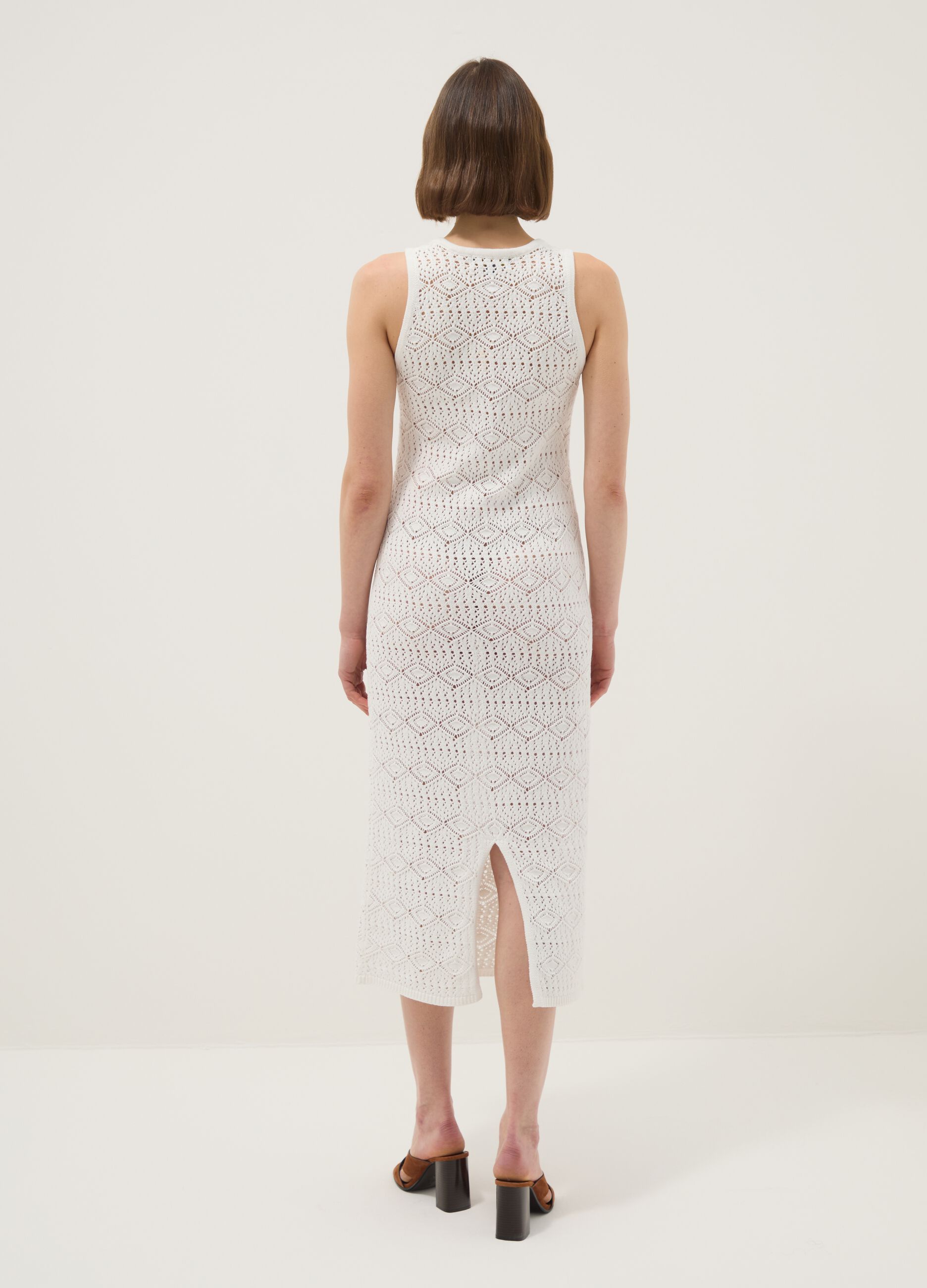 White pure cotton slim-fit dress with broderie detail and deep V-neck