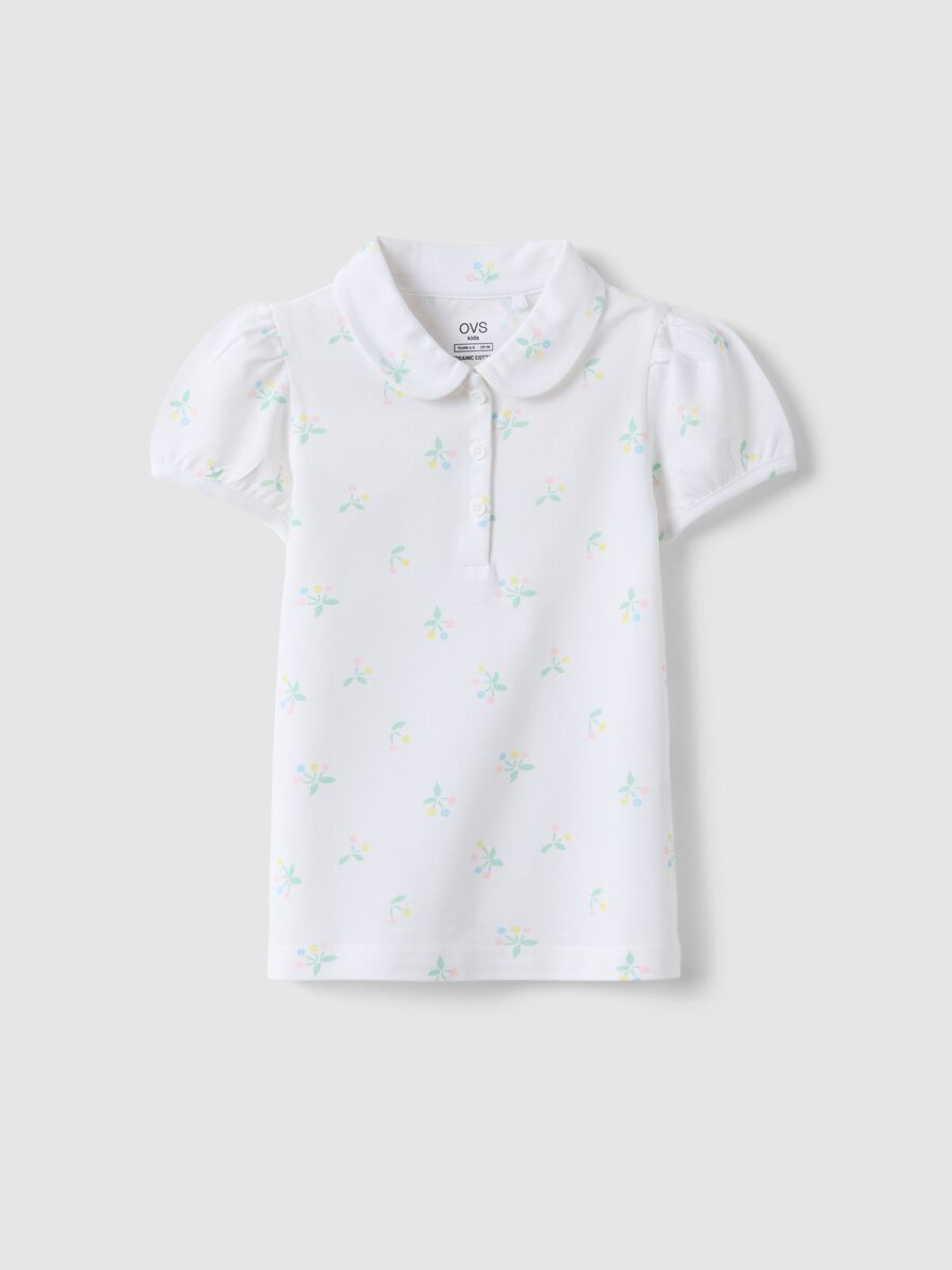 Girls' white cotton polo regular fit with floral pattern_0