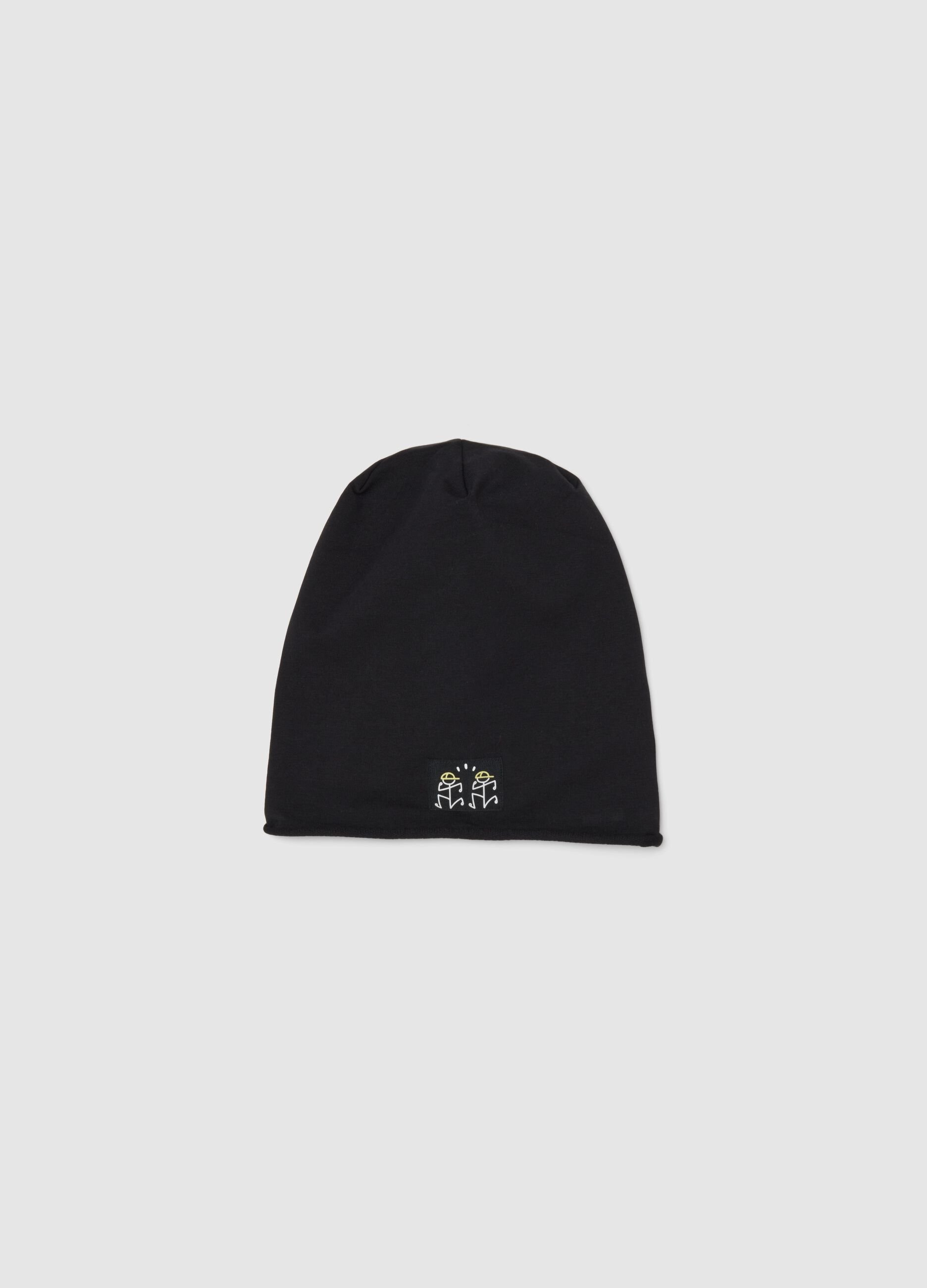 Black stretch cotton beanie for kids with stylized figures