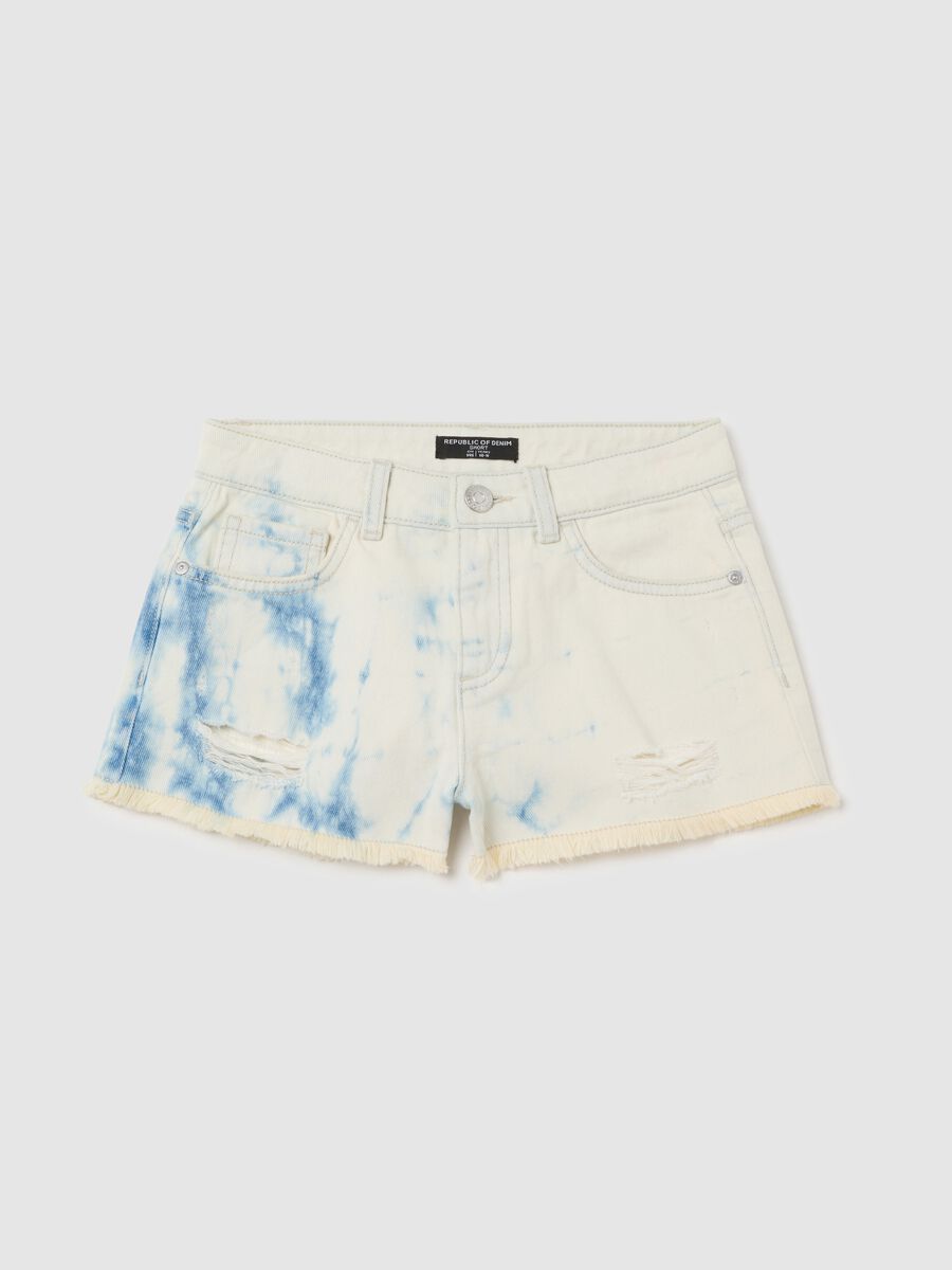 White Denim Shorts with Tie-Dye Effect_0