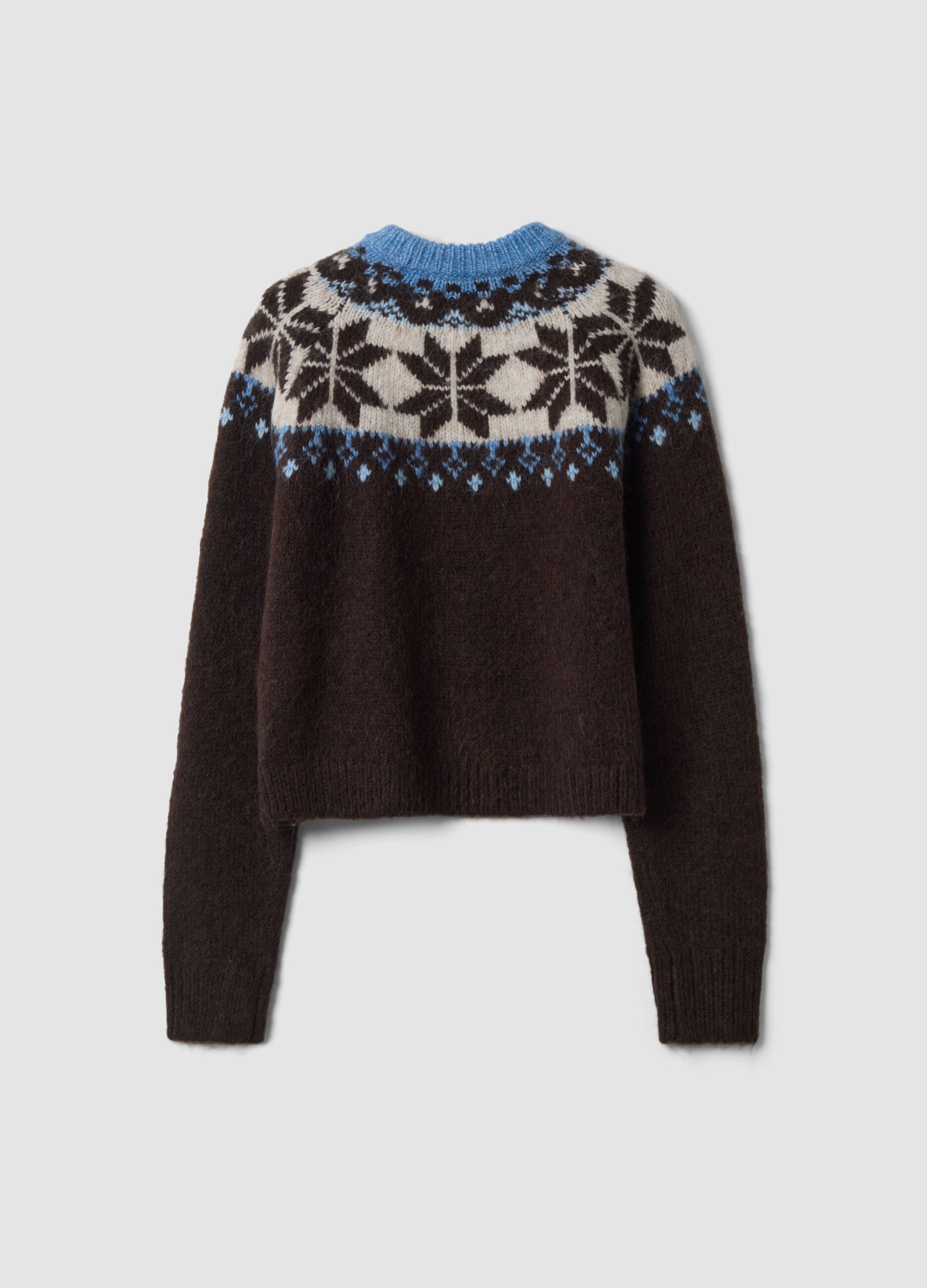 Brown wool-blend jumper with raised jacquard collar