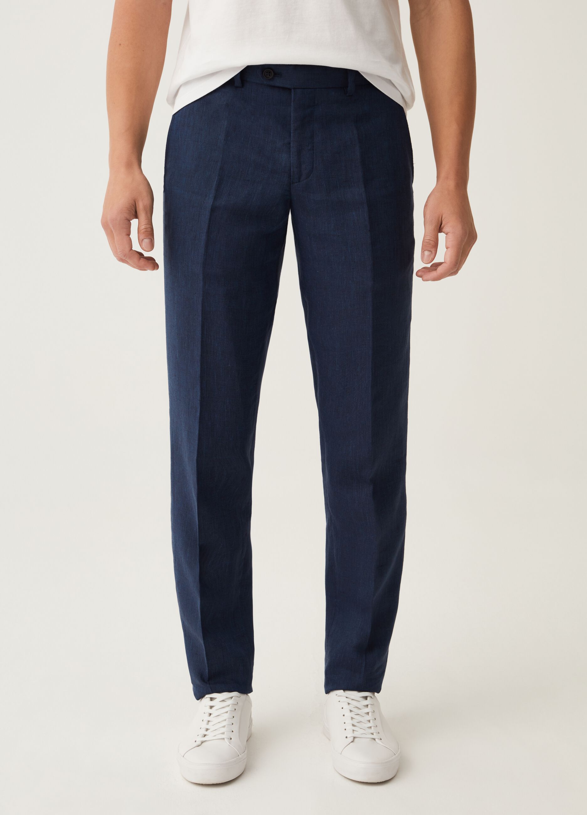 Pantalone slim fit in lino blu navy_1