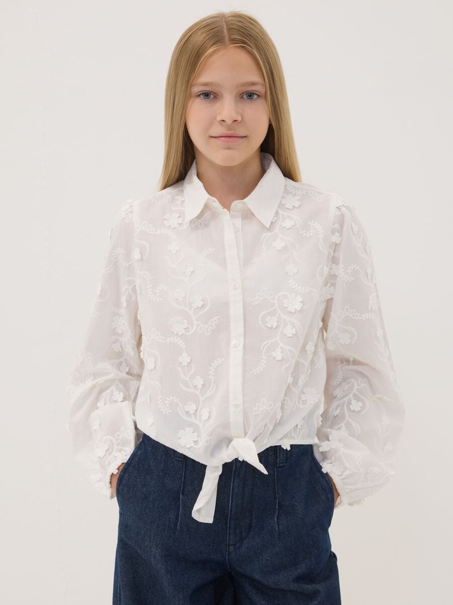 White pure cotton poplin shirt with floral embroidery_0