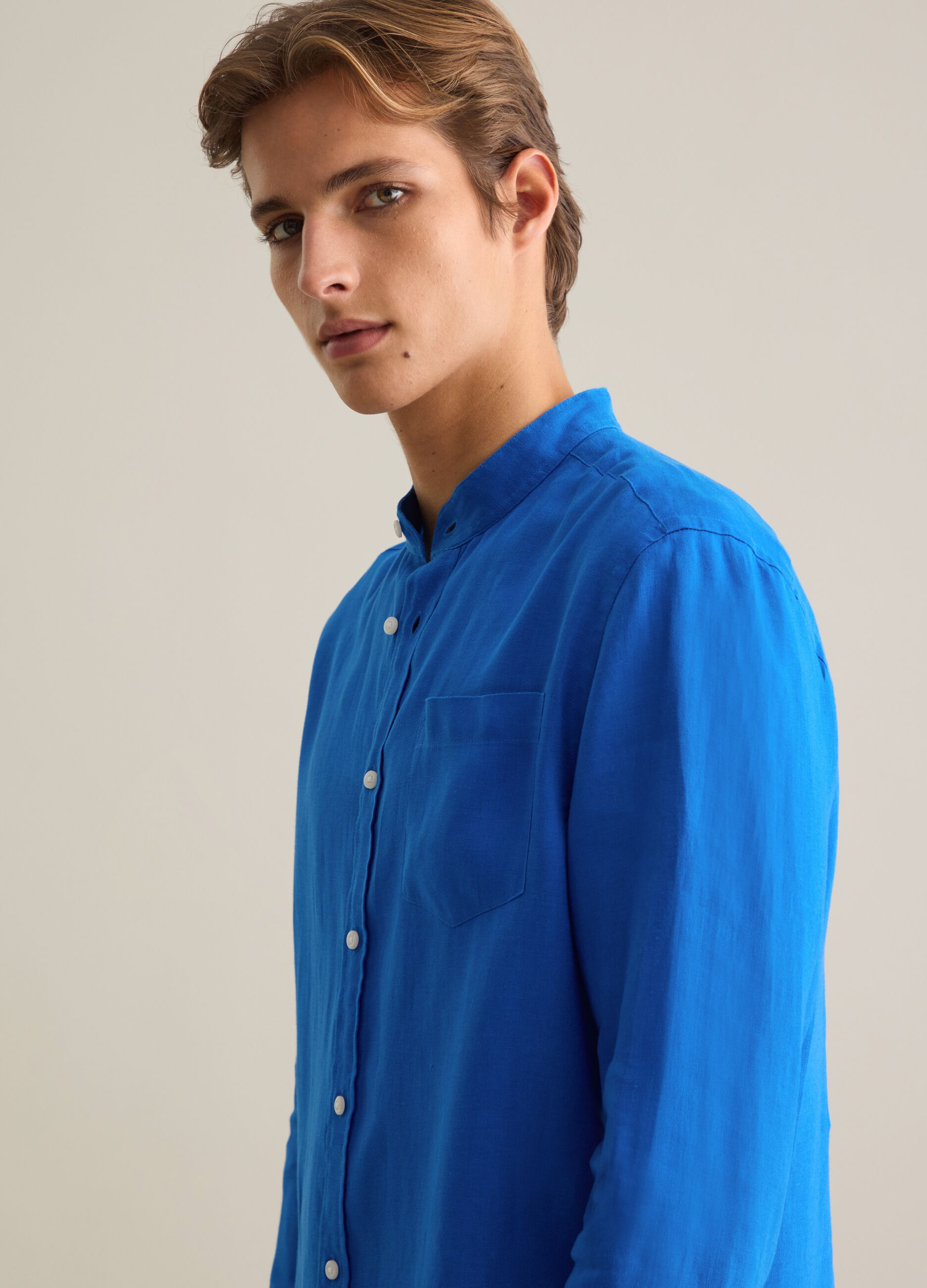 Camicia da uomo in puro lino blu regular fit