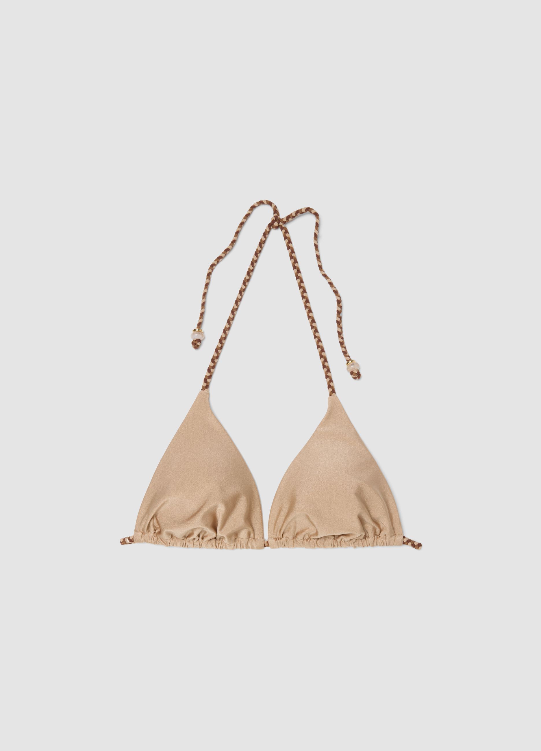 Beige triangle bikini top in stretch fabric with braided tie straps