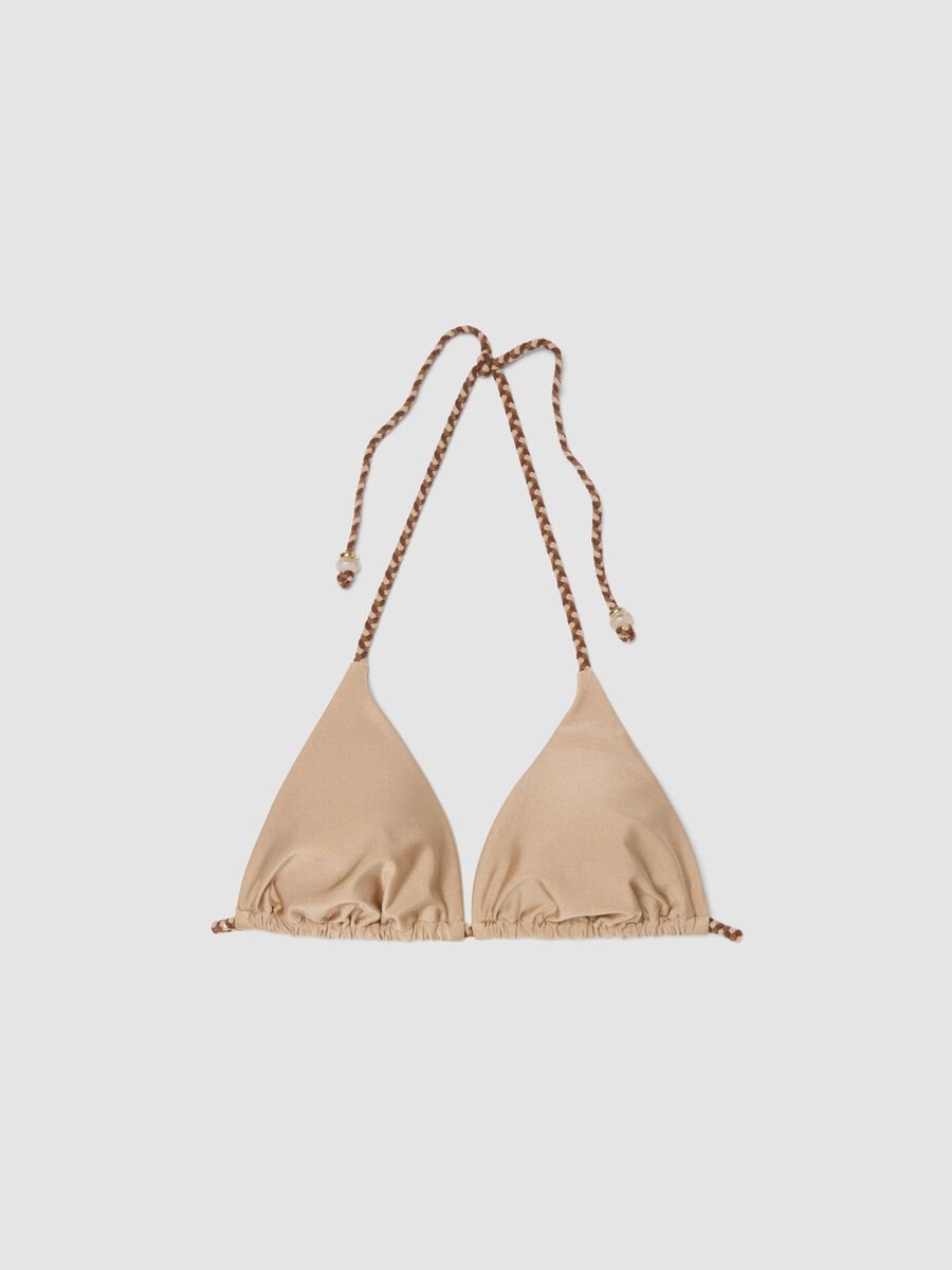 Beige triangle bikini top in stretch fabric with braided tie straps_4