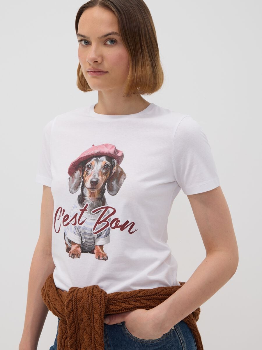 T-shirt bianca in puro cotone jersey e stampa cagnolino regular fit_1