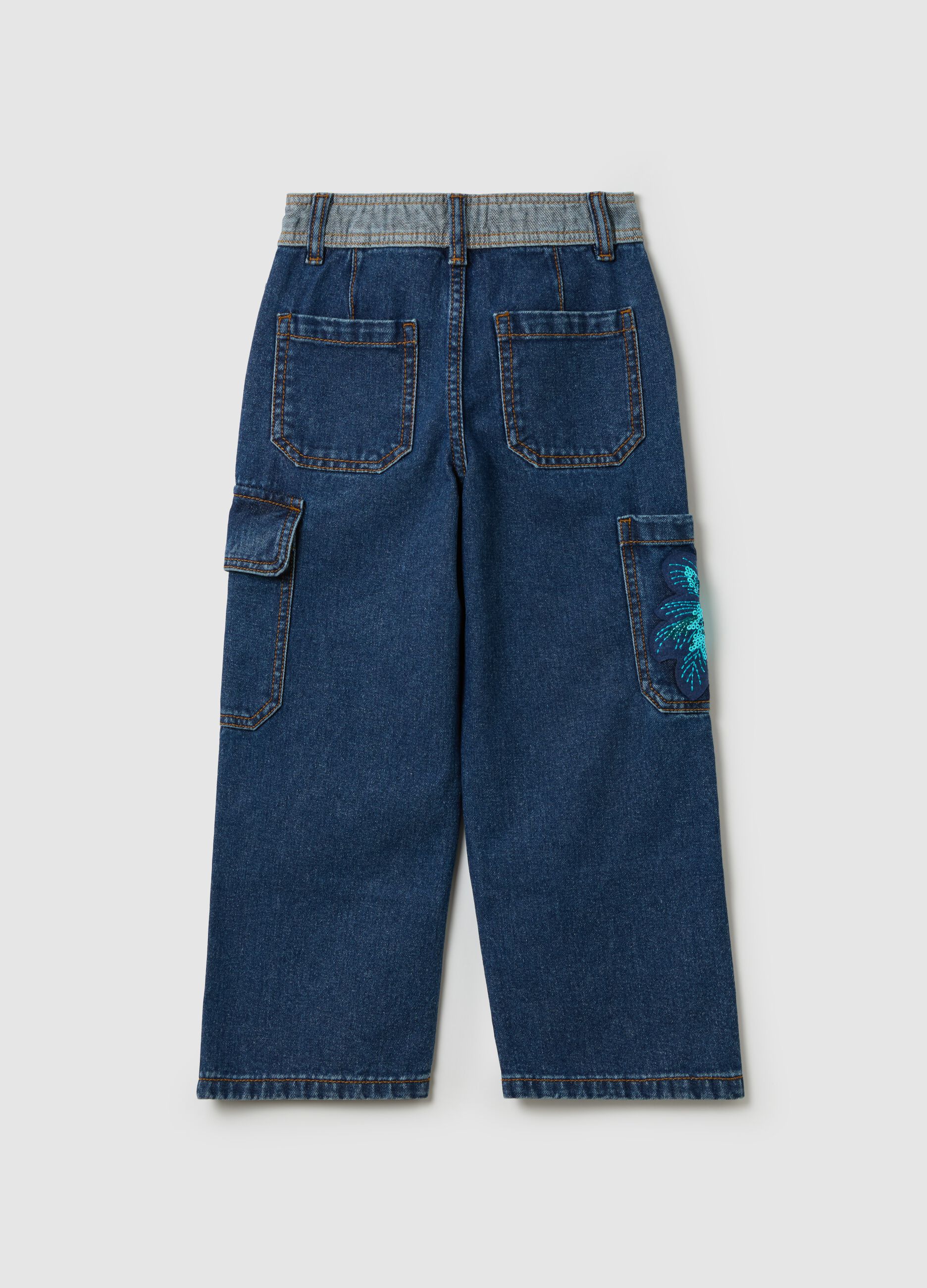 Cargo jeans with sequin flower