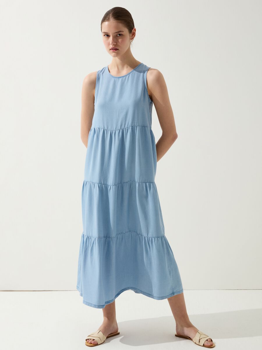 Long denim-effect tiered dress_0