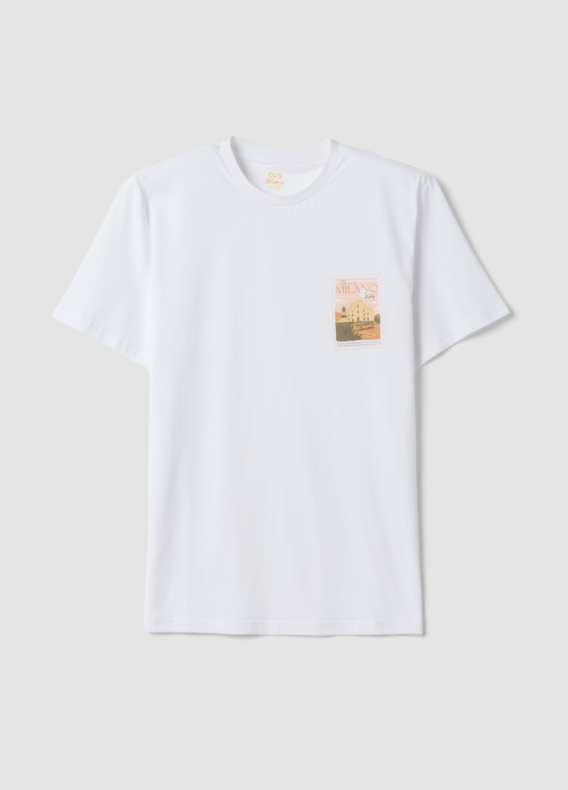 White pure cotton T-shirt with graphic print, regular fit