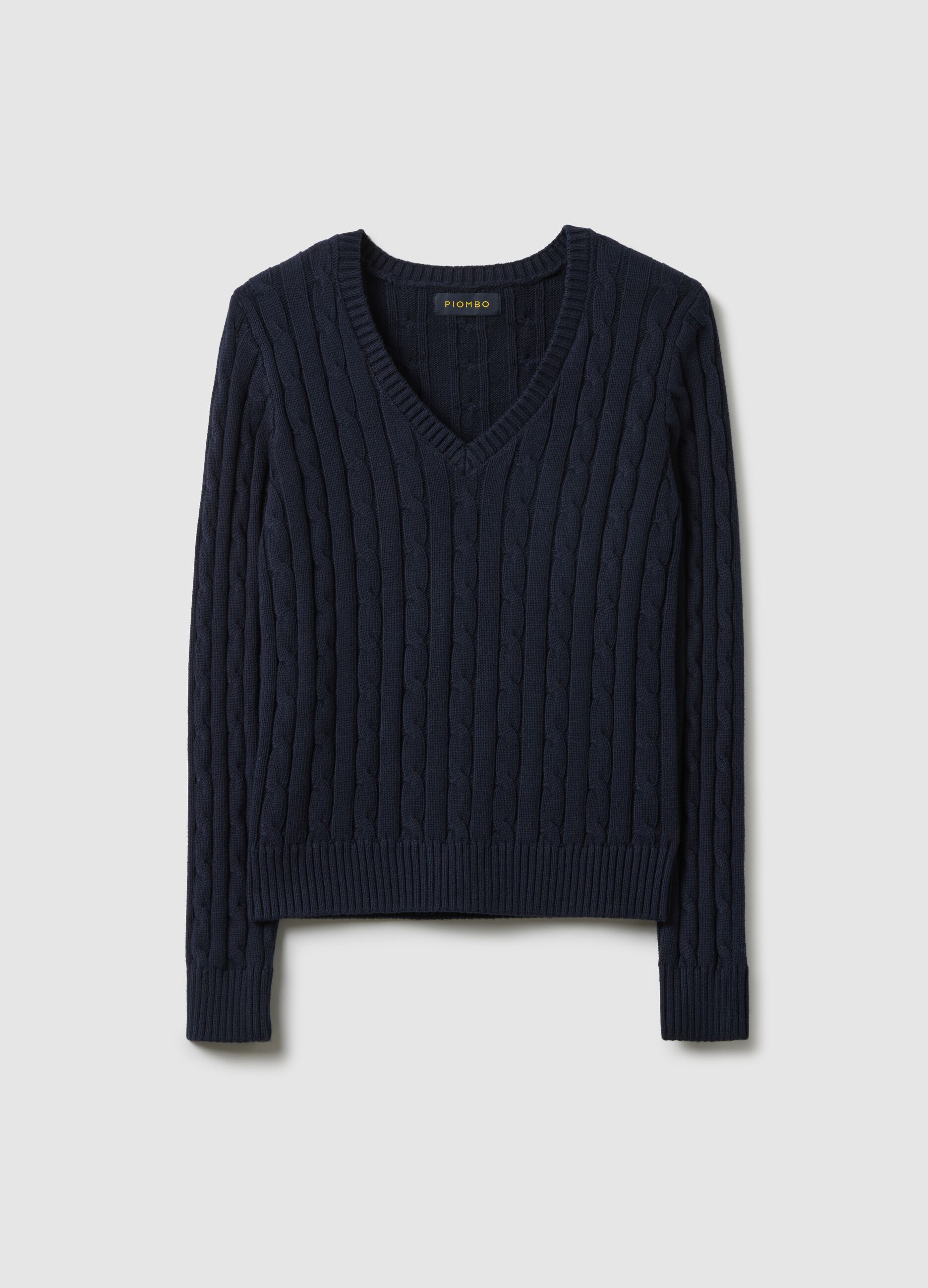 Blue pure cotton regular fit pullover with cable knit