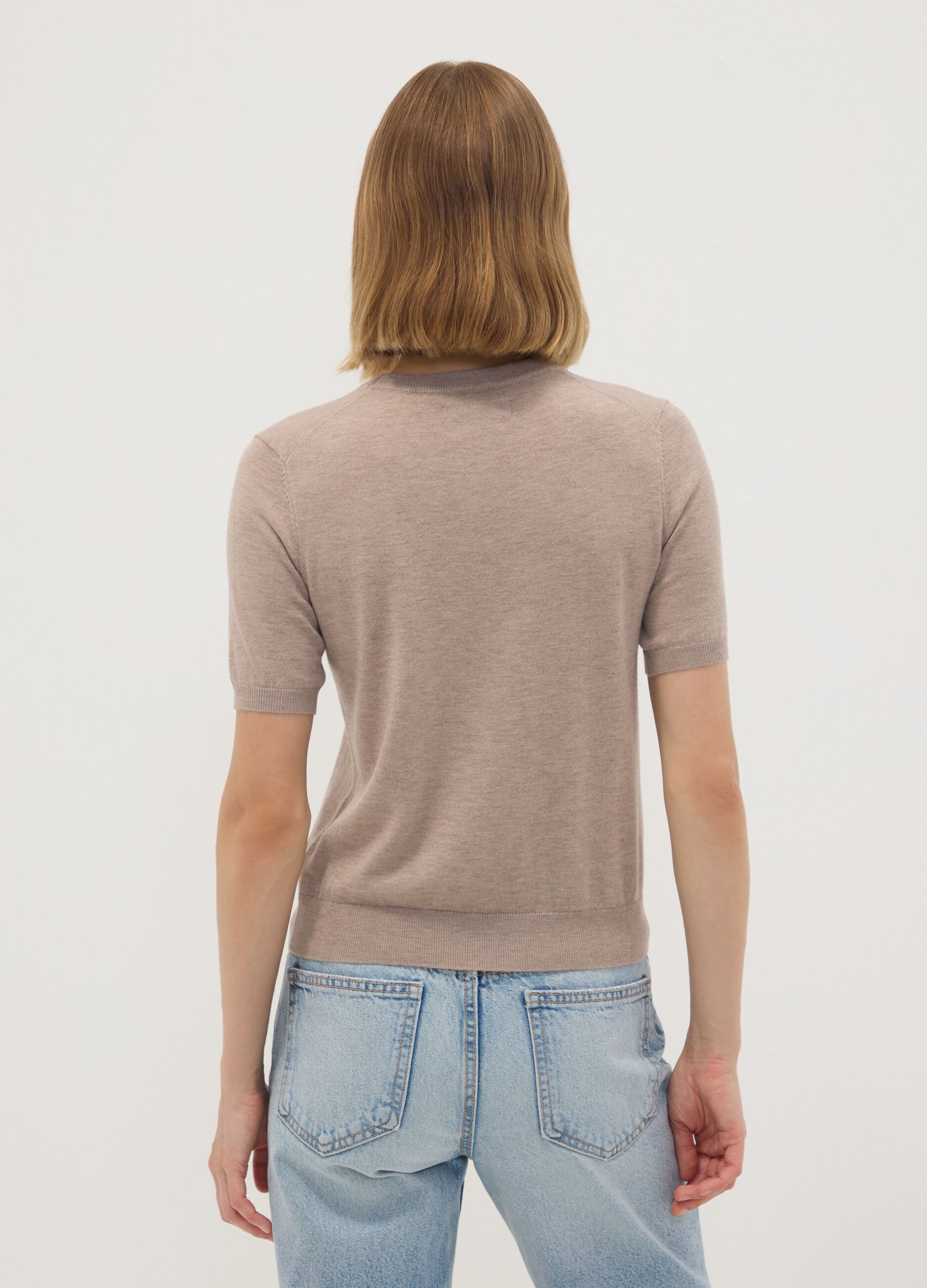 Beige short-sleeve crew-neck wool-blend jumper, regular fit