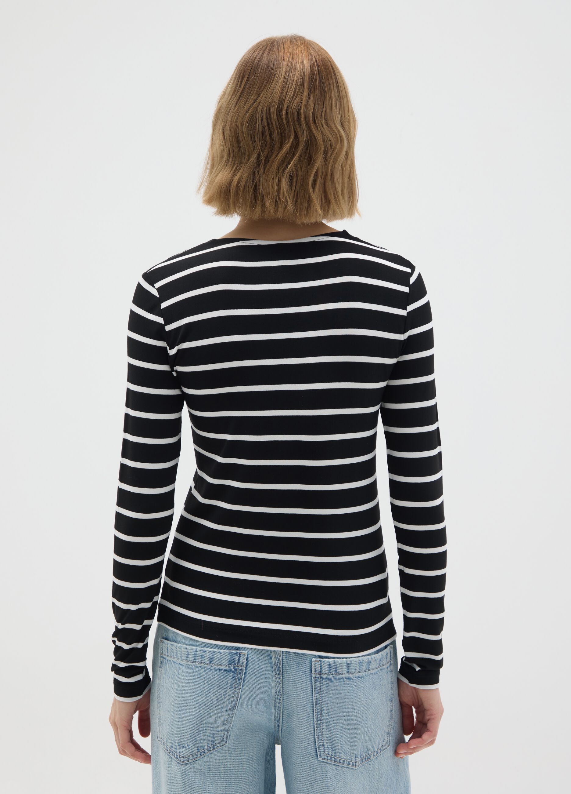 Black and white striped crew neck jumper