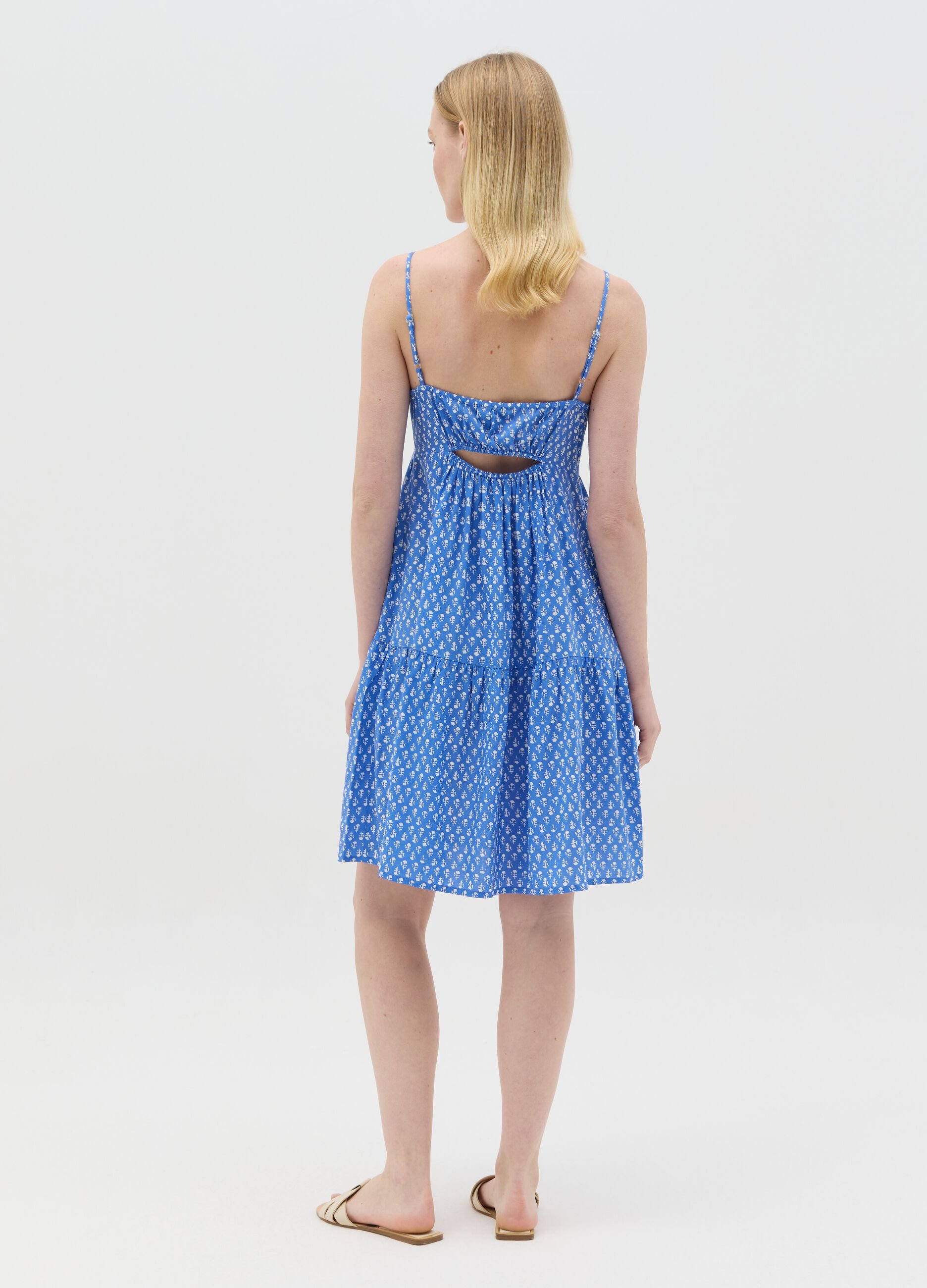 Light blue viscose dress with V neck and flounce