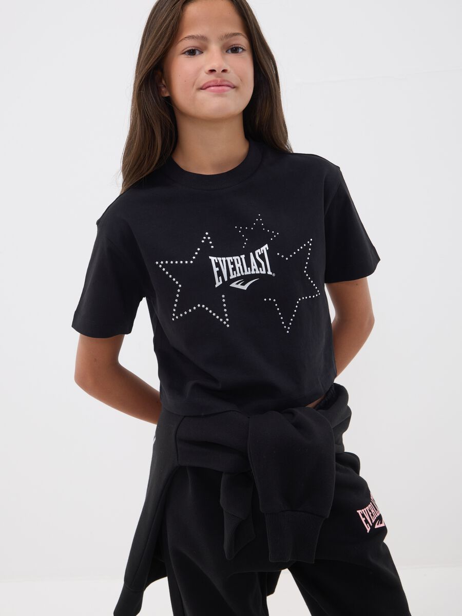 Girls&rsquo; cropped black pure cotton T-shirt with embellished stars_1