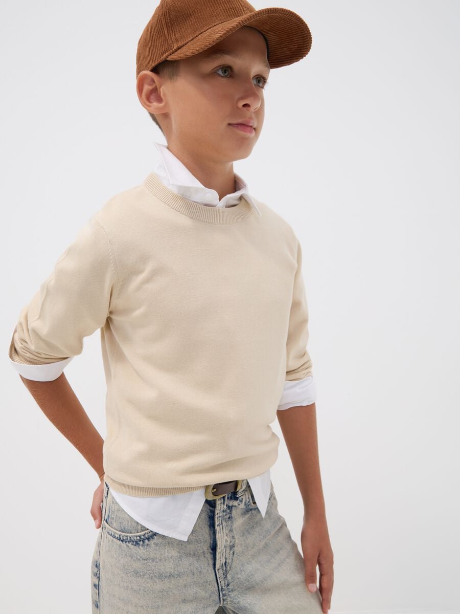 Beige pure cotton long-sleeve regular-fit top for boys_0