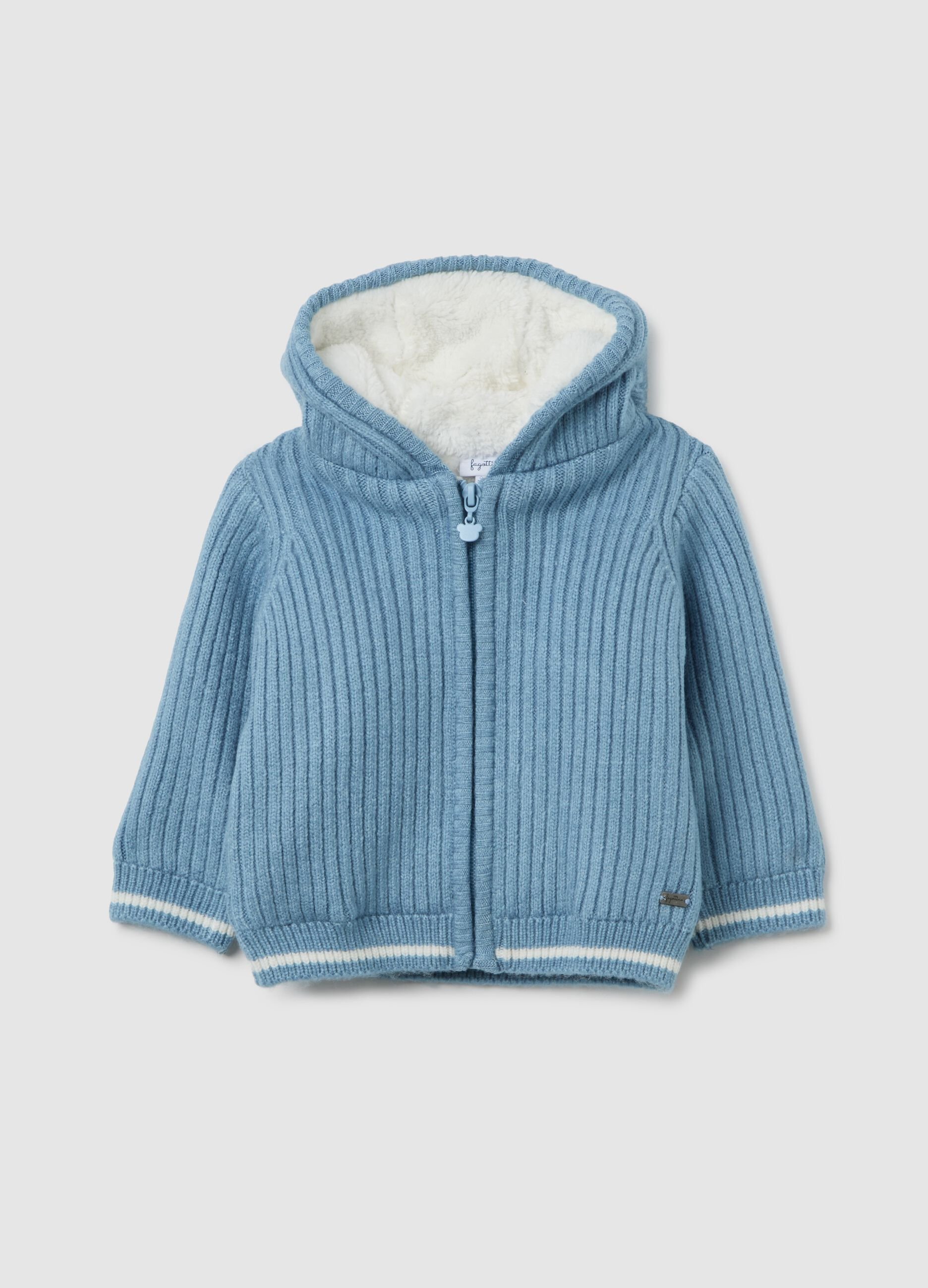 Blue baby hooded jacket with regular fit and striped pattern