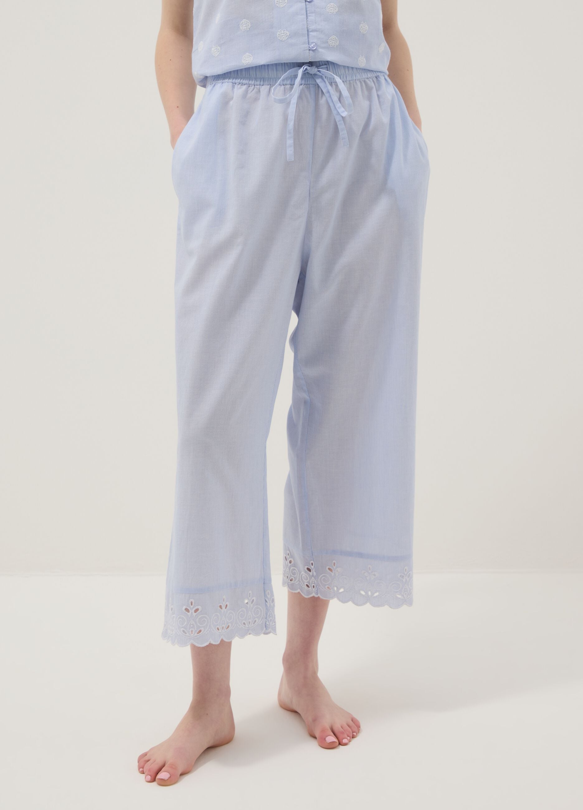 Light blue organic cotton pyjama trousers with broderie anglaise hem