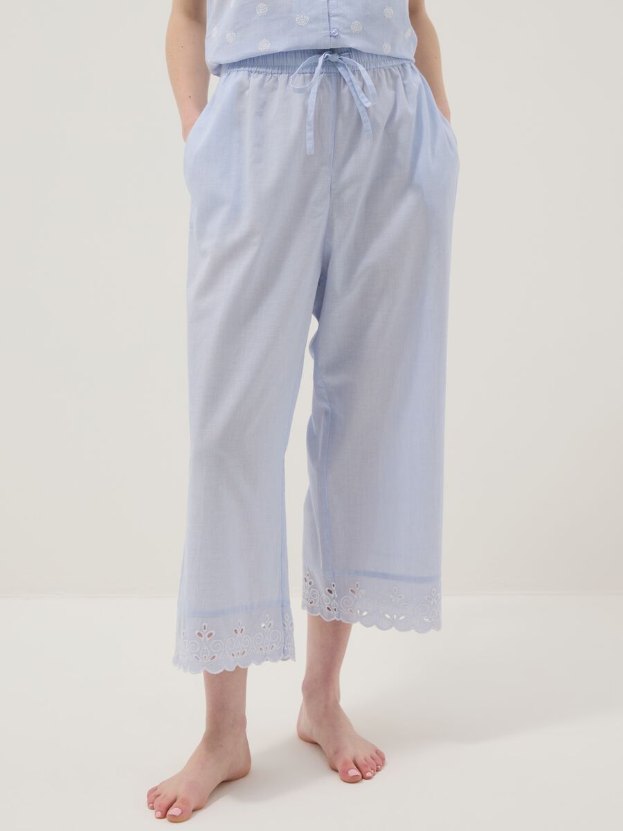 Pantaloni pigiama azzurri in puro cotone con fondo traforato regular fit_1
