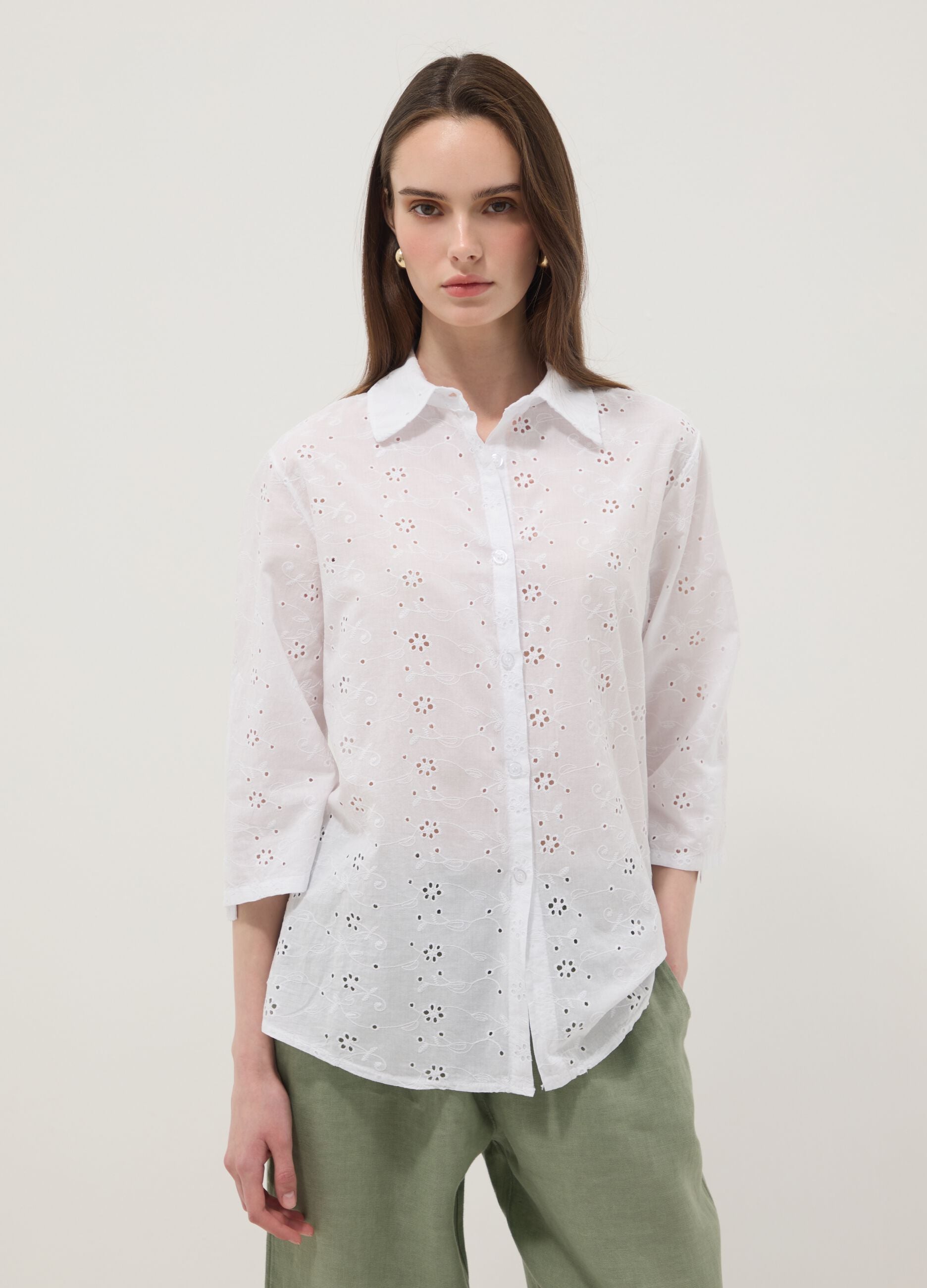 White broderie anglaise pure cotton shirt, regular fit