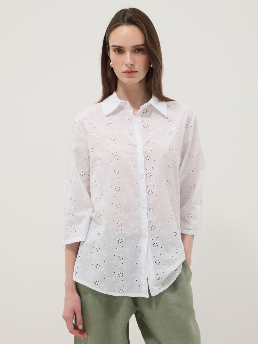 Camicia bianca traforata in puro cotone regular fit_1