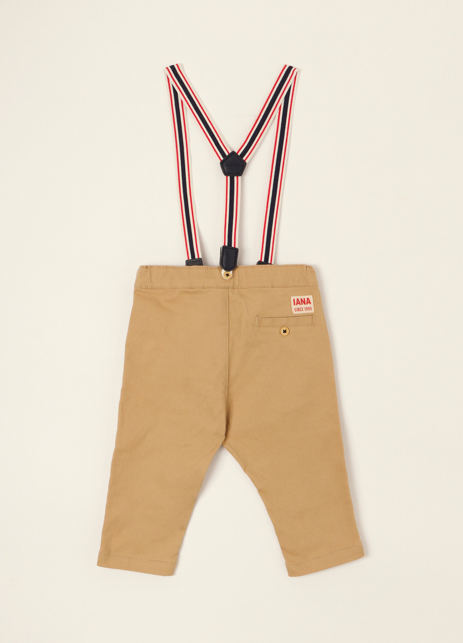 Beige baby trousers in stretch cotton with braces