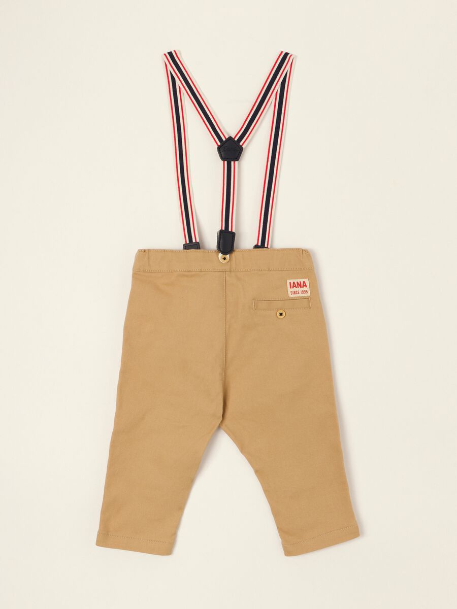 Beige baby trousers in stretch cotton with braces_2