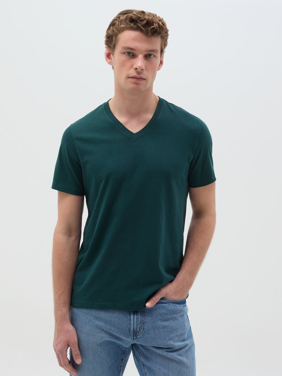Slub cotton T-shirt with V neck_0
