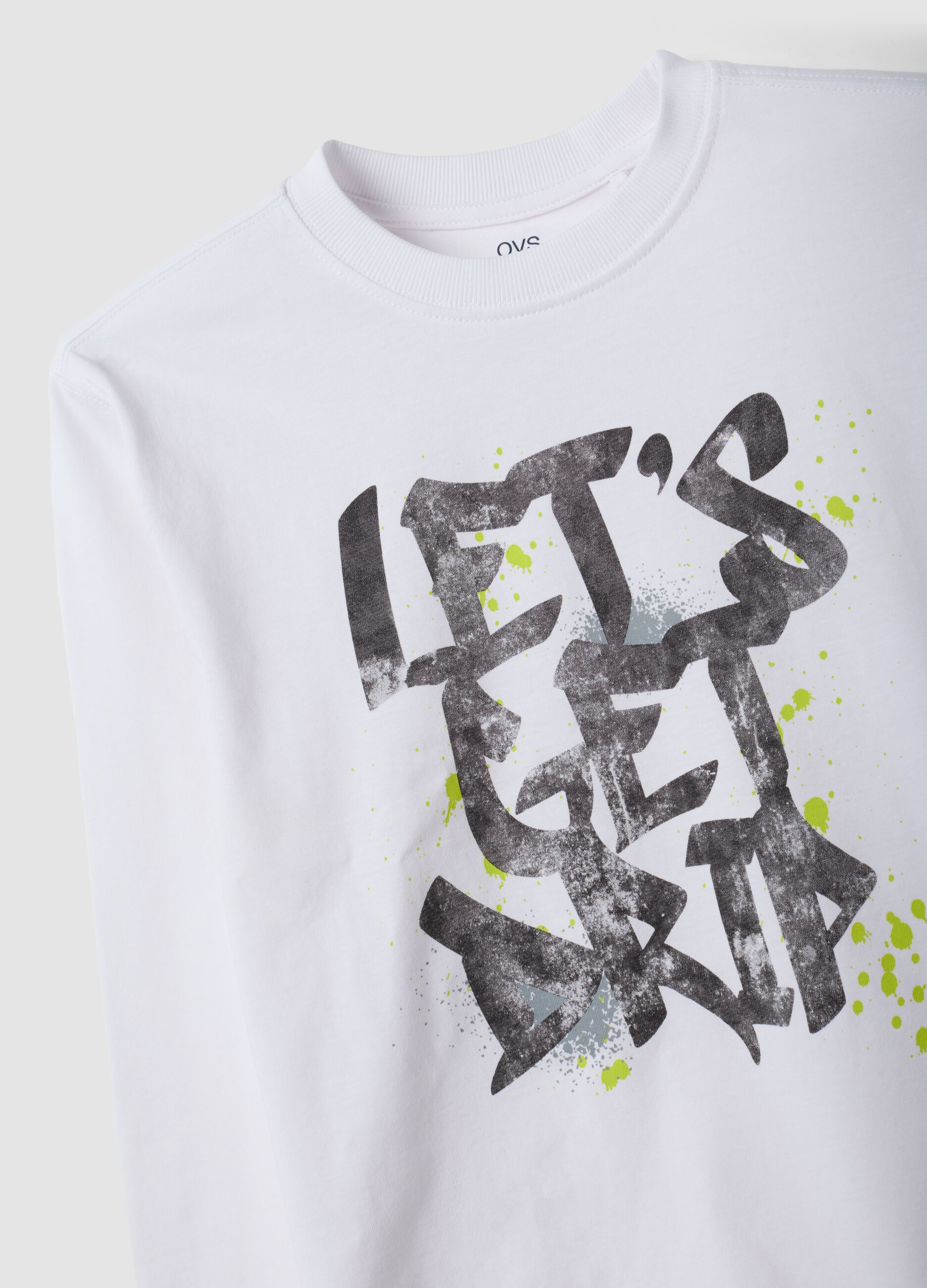 White organic cotton T-shirt with &ldquo;Let&rsquo;s get drip&rdquo; slogan for boys