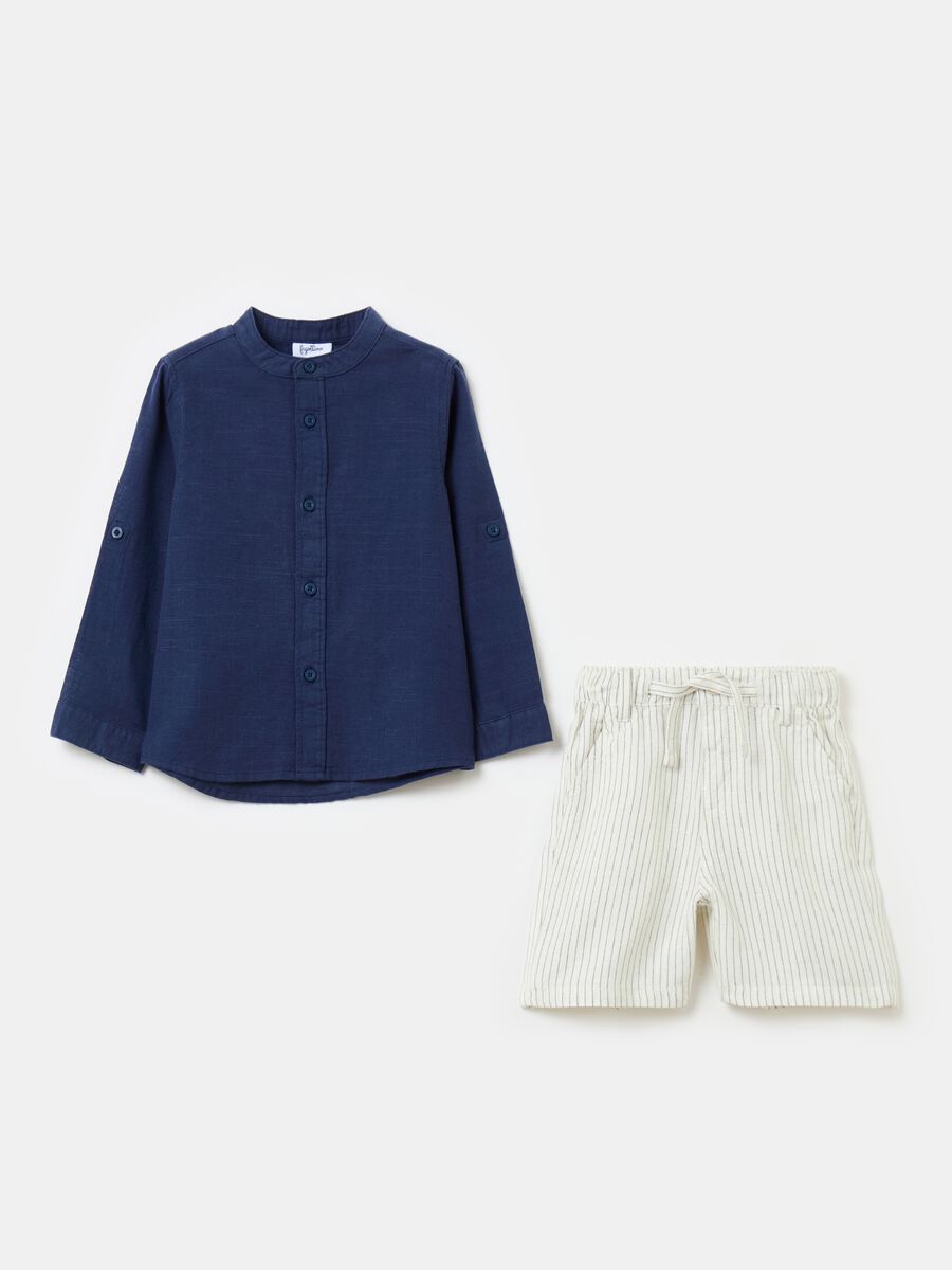 Long-sleeved shirt and striped Bermuda shorts set_0