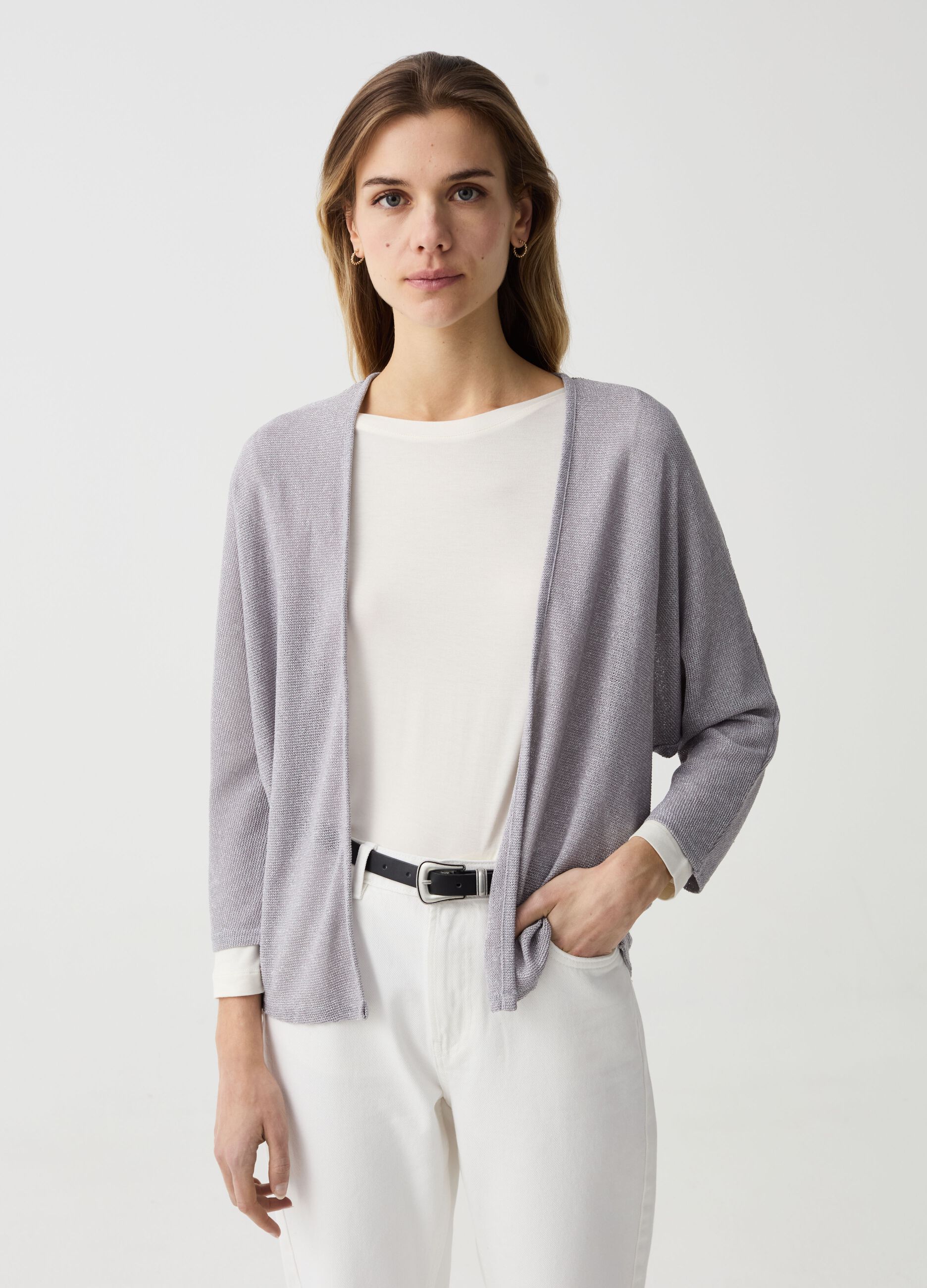 Cardigan aperto tricot con lurex