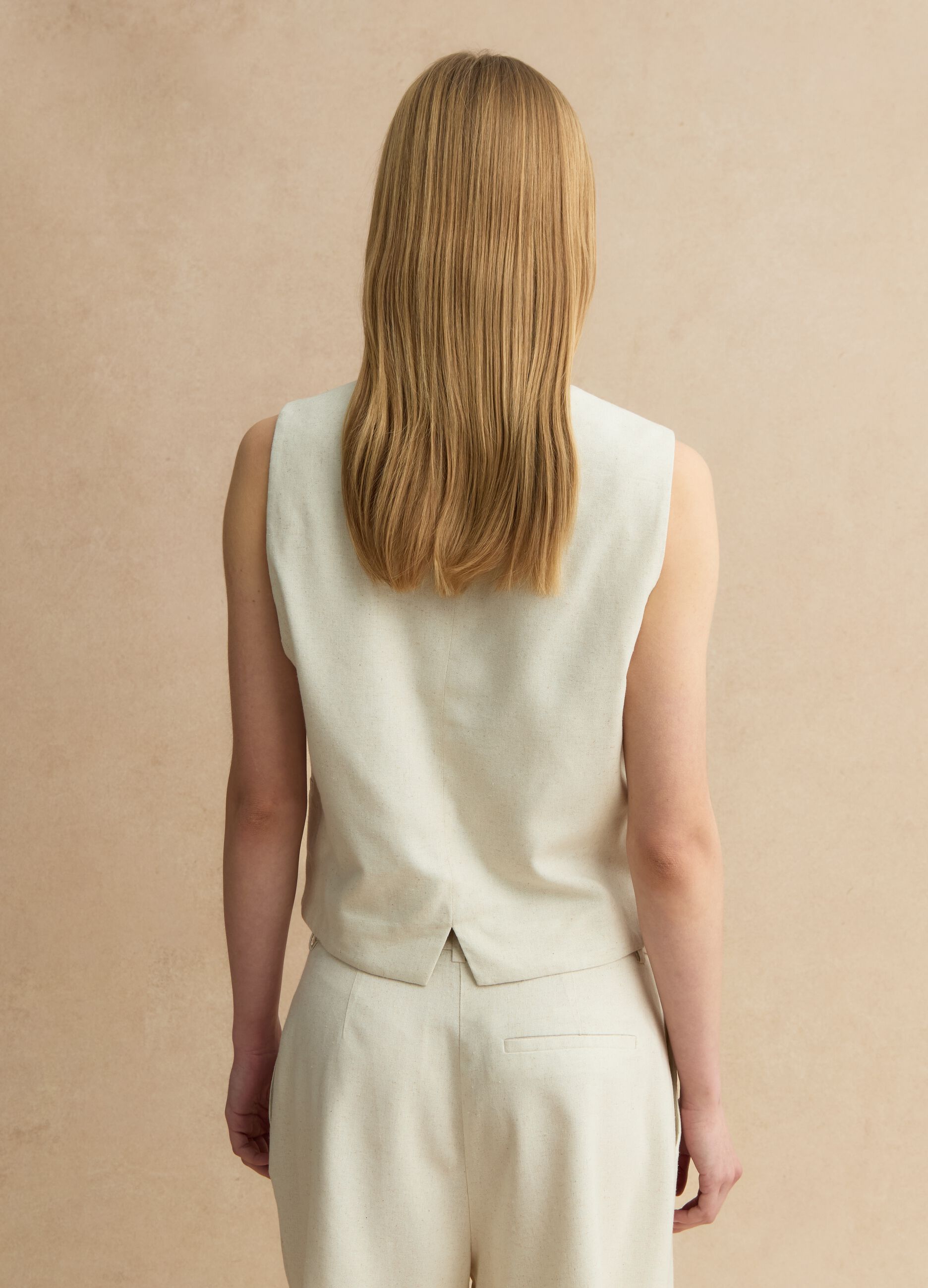 Beige slim fit viscose and linen mix waistcoat