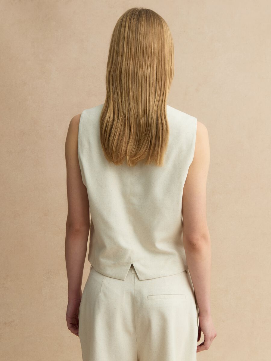 Beige slim fit viscose and linen mix waistcoat_3