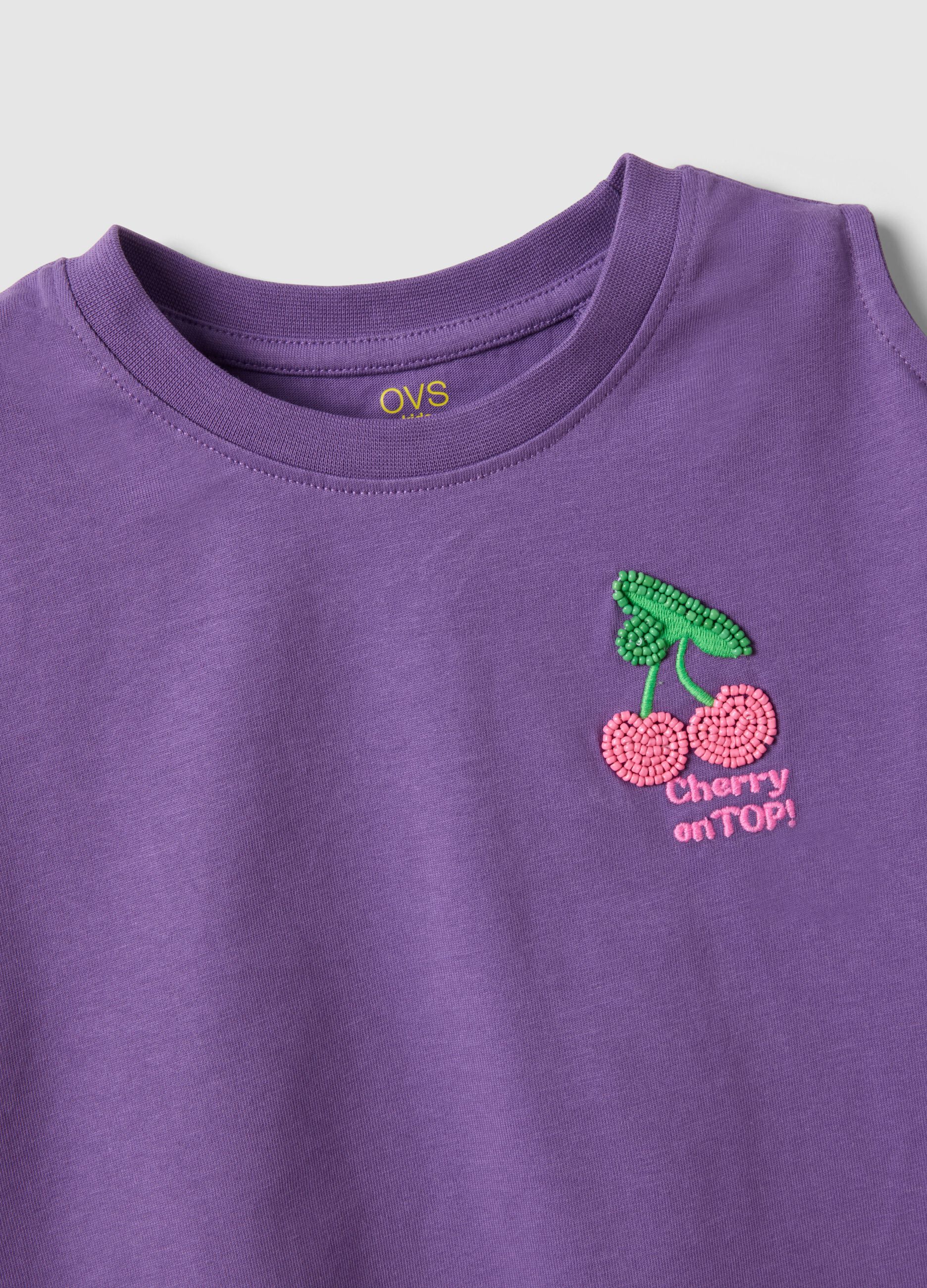Purple pure cotton girls&rsquo; T-shirt with embroidery and cut-out sleeves