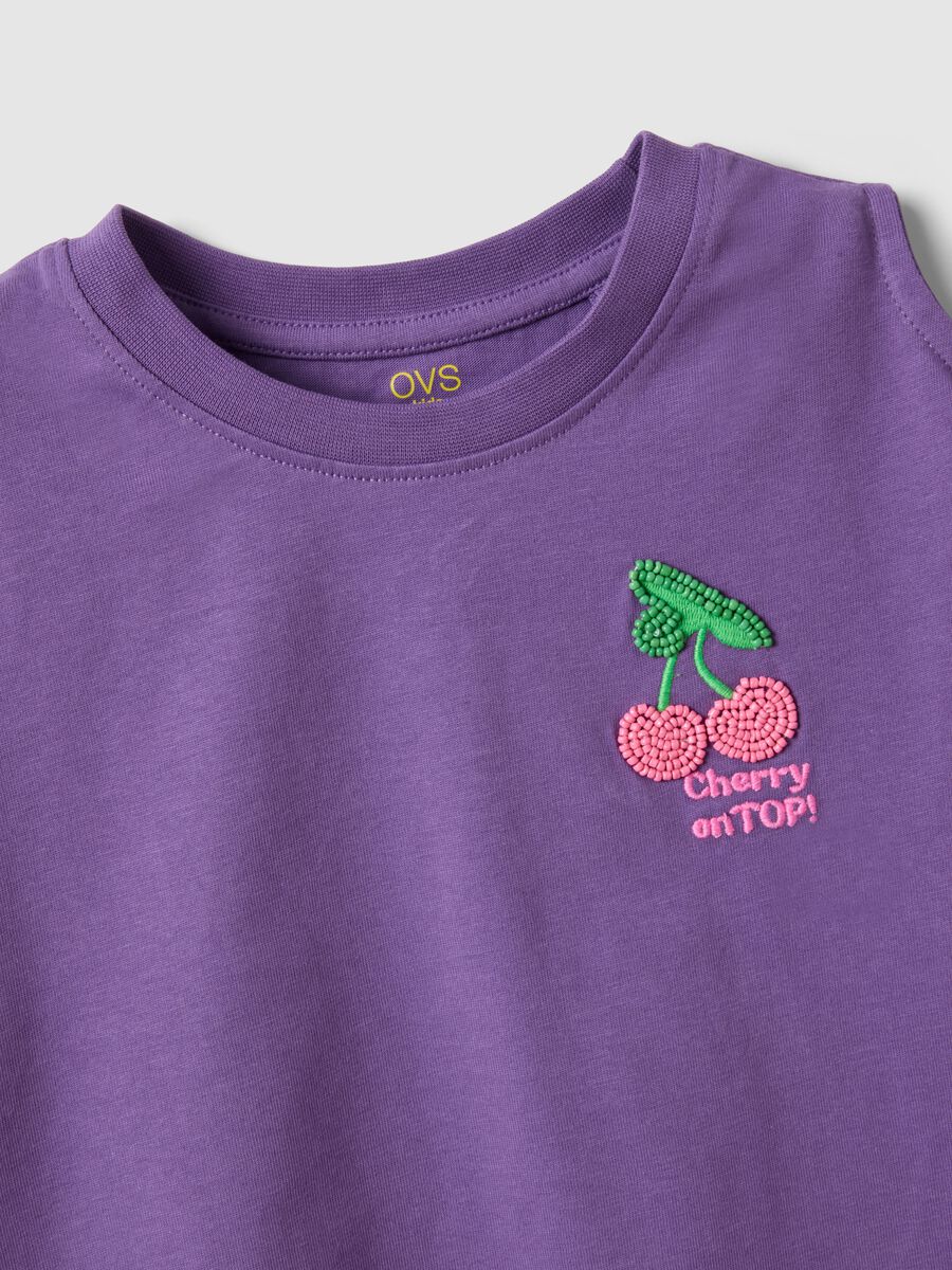 Purple pure cotton girls&rsquo; T-shirt with embroidery and cut-out sleeves_2