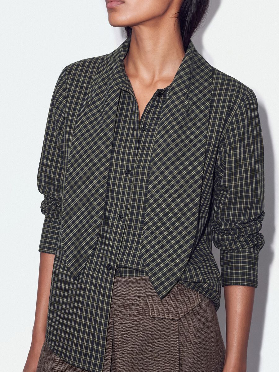 Camicia over nera in misto cotone a quadri con fiocco_0