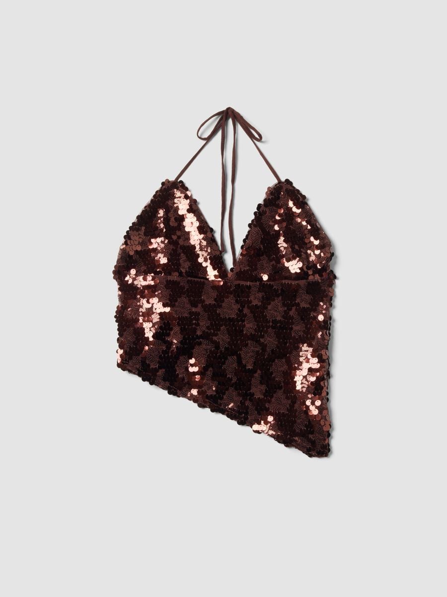 Top marrone in tessuto elasticizzato con paillettes_0